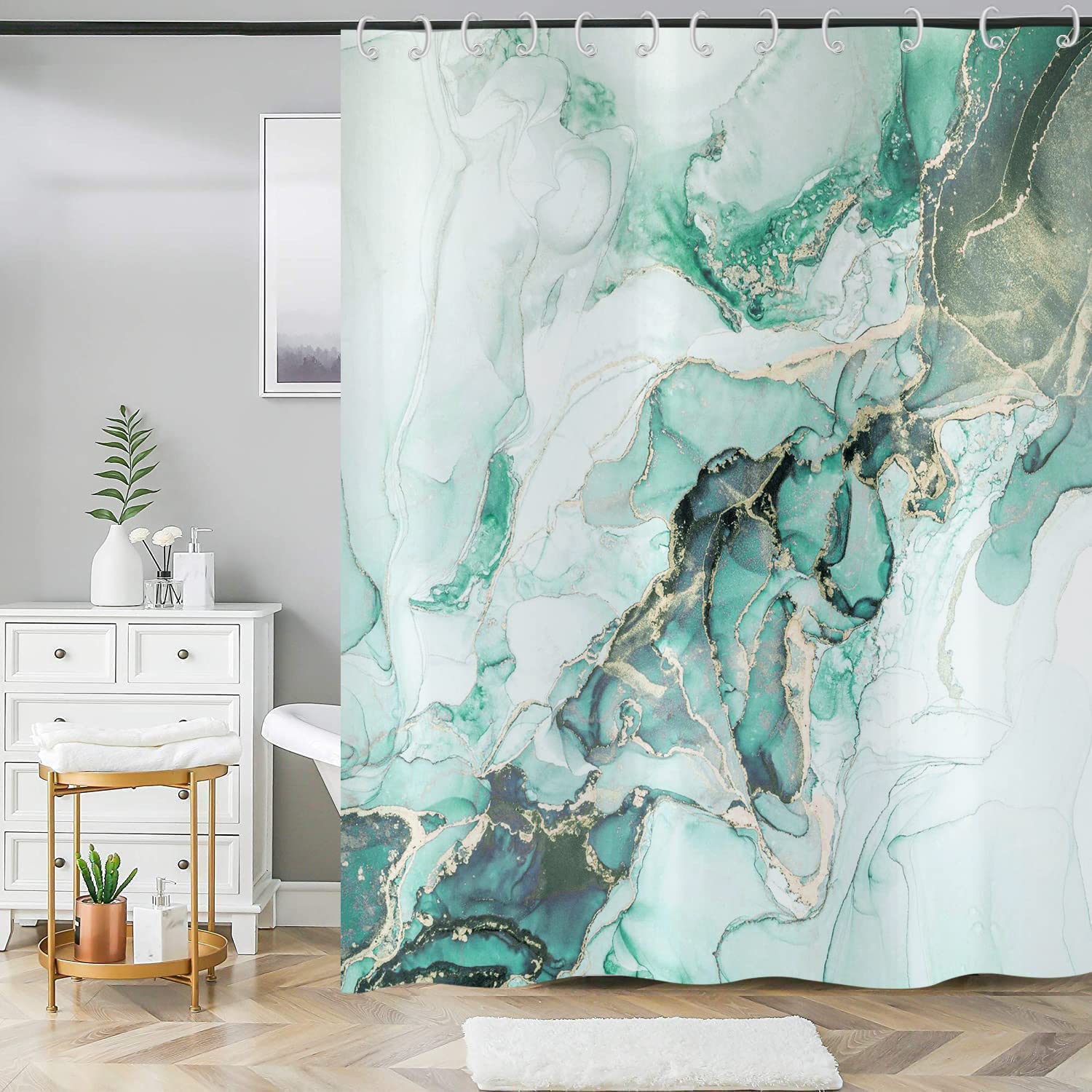 ASDCXZ Shower Curtain Marble 240x180 cm, Modern Abstract Turquoise Gold White Marble Optic Texture Washable Fabric Shower Curtains Polyester Textile Waterproof Shower Curtain for Bathtub with 12 Hooks — image 1