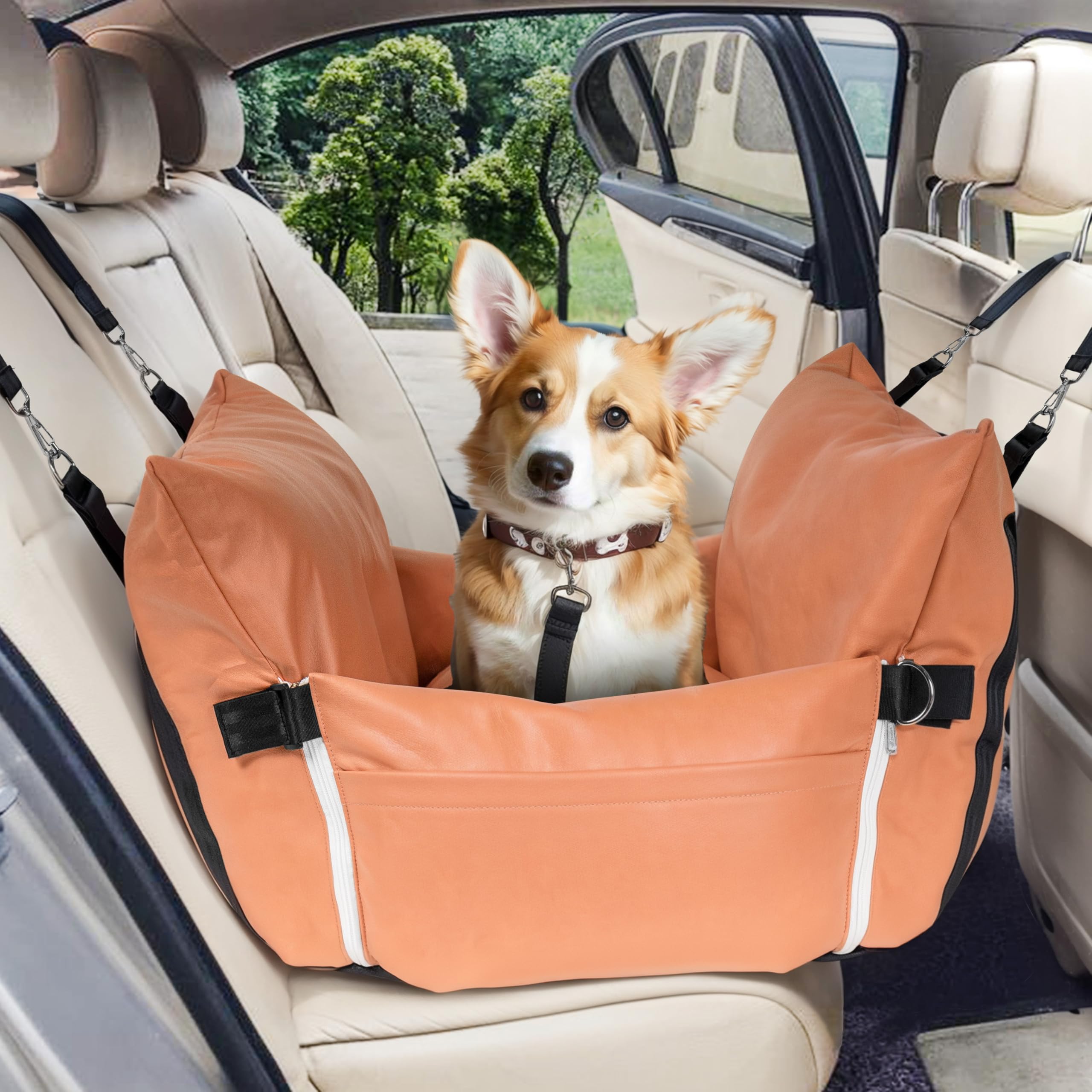 Waterproof Dog Car Seat for Medium Small Dogs Under 60 lbs - Microfibers Versatile Booster Bed Car Seat for Dogs Pet Travel Carrier Bed with Storage Pockets for Home and Auto Orange, 30''x 20''x 16"