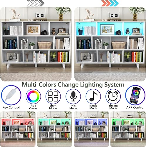 Miniatura 5 de Estantería para libros de 10 cubos con luces LED, estantería blanca de 3 niveles con patas de madera maciza, organizador de almacenamiento abierto