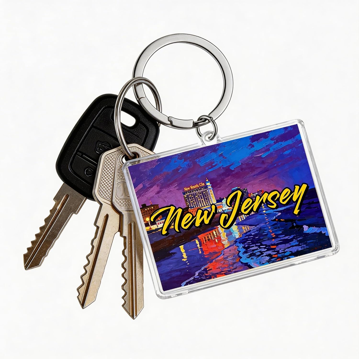 New Jersey Acrylic Keychain, Atlantic City Night Scene, Rectangular, 1.97 x 1.57 Inches, Souvenir Travel Accessory image 3