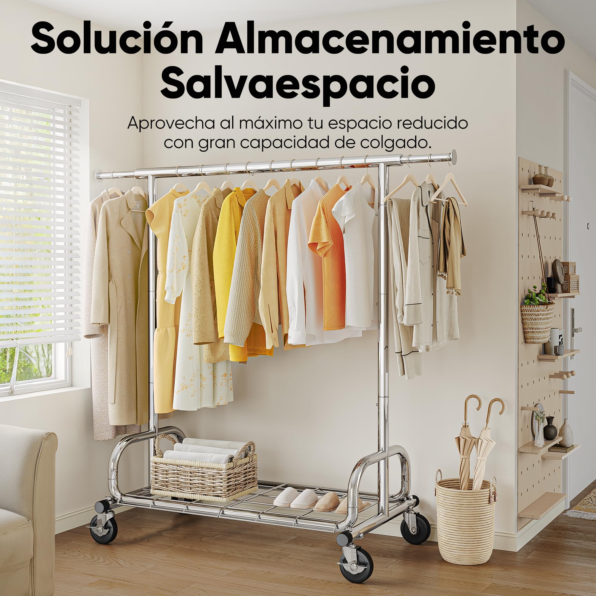 HOKEEPER Burro de Ropa Resistente 136kg, Barra Extensible con Ruedas Bloqueables y Estante, Ahorra Espacio para Dormitorio, Apartamento Pequeño, Lavandería, Plateado