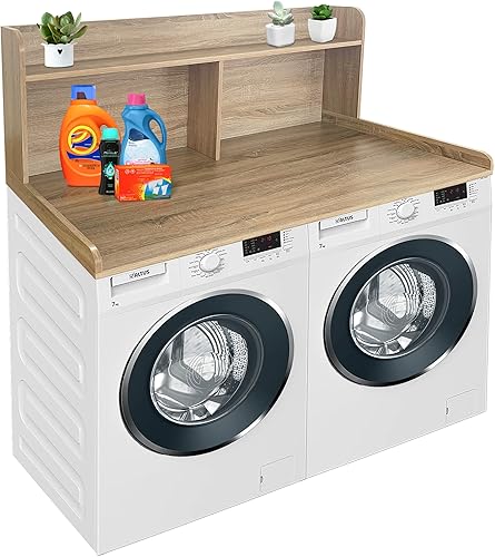 Miniatura 7 de Royxen Encimera de lavadora y secadora de 2 niveles, 19.5 pulgadas de alto de madera con estante de almacenamiento, encimera de lavandería sobre