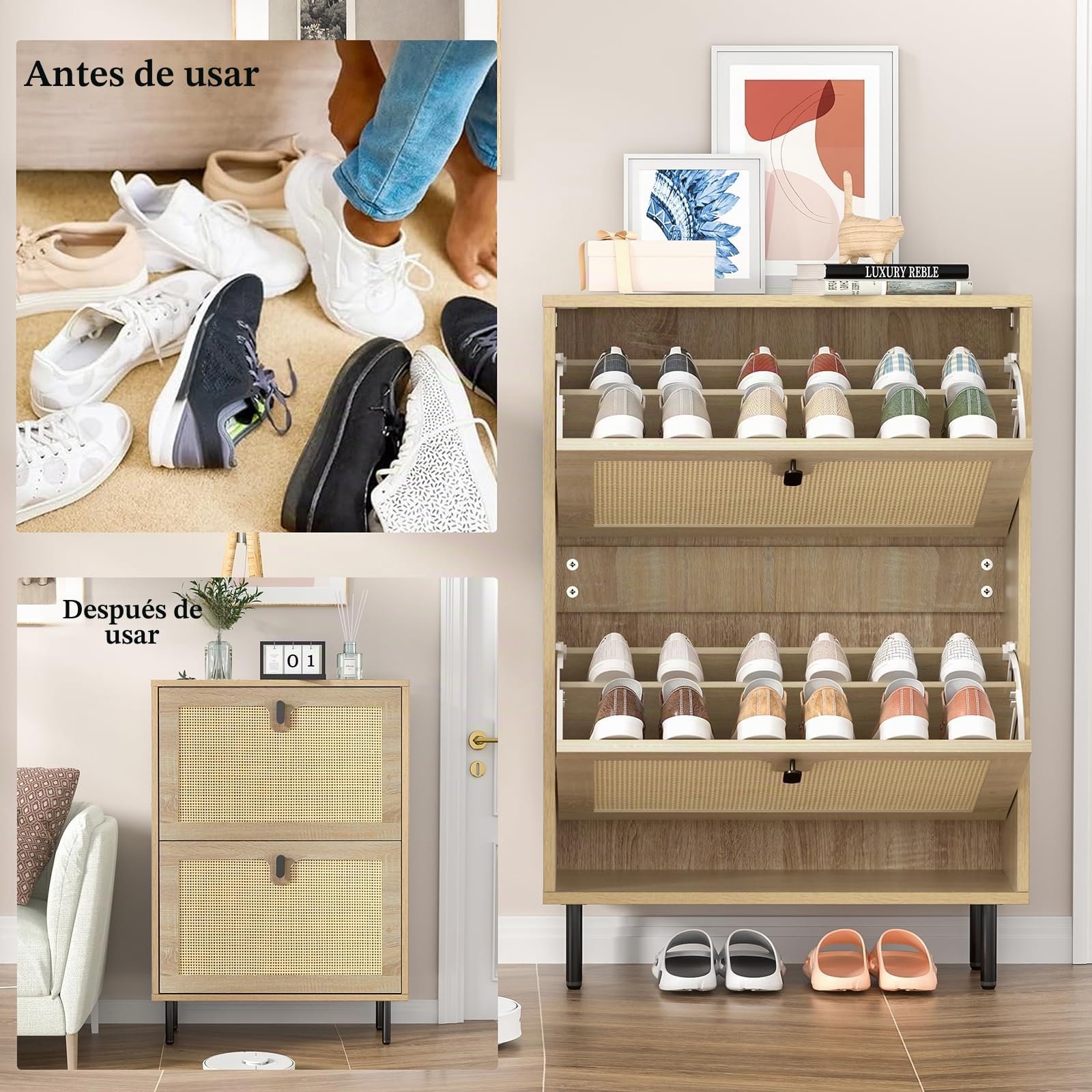 Zapatero Entrada Recibidor Estrecho, para 12 Pares de Zapatos, 2 Puertas Abatibles, Patas de Metal, Zapatero Madera, Ideal para Pasillo y Sala de Estar