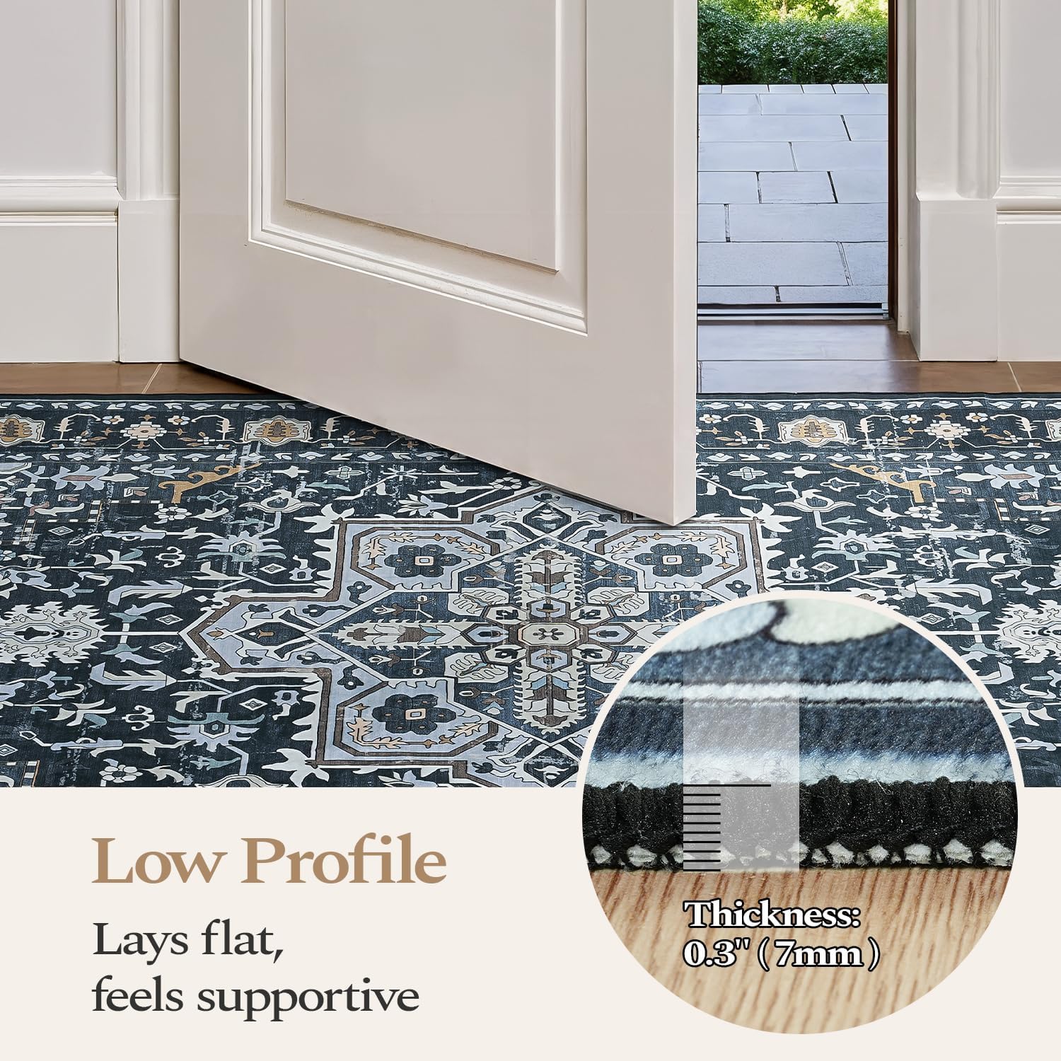 Rugflix 8x10 Area Rugs for Living Room, Washable Rug, Soft Low Pile Carpet, Non-Slip, Stain Resistant, Vintage Area Rug, Navy Blue Rug for Bedroom, Dining Room, Home Office