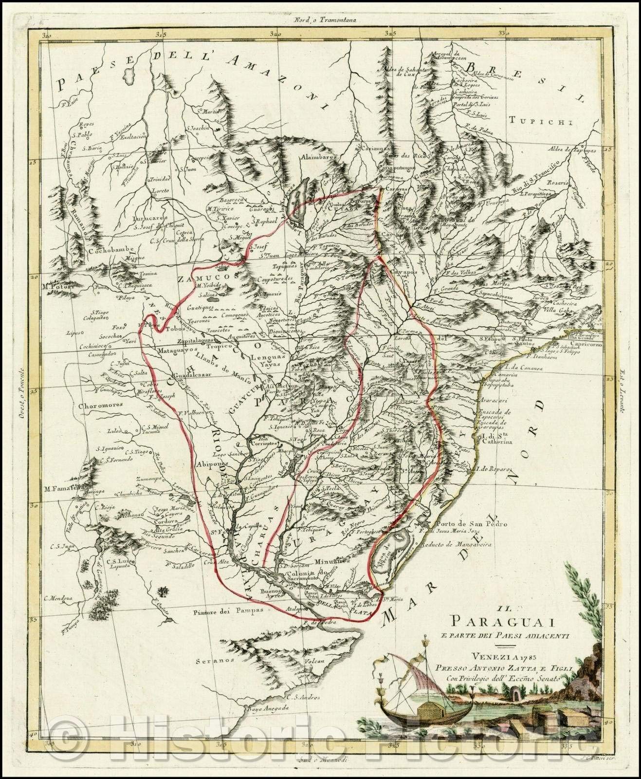 Historic Map - Il Paraguai E Pate Dei Paesi Adia :: Regional from The Region Around The Mouth of The River Plate and Buenos Aires North, Rio S. Francisco, 1785 - Vintage Wall Art 44in x 53in