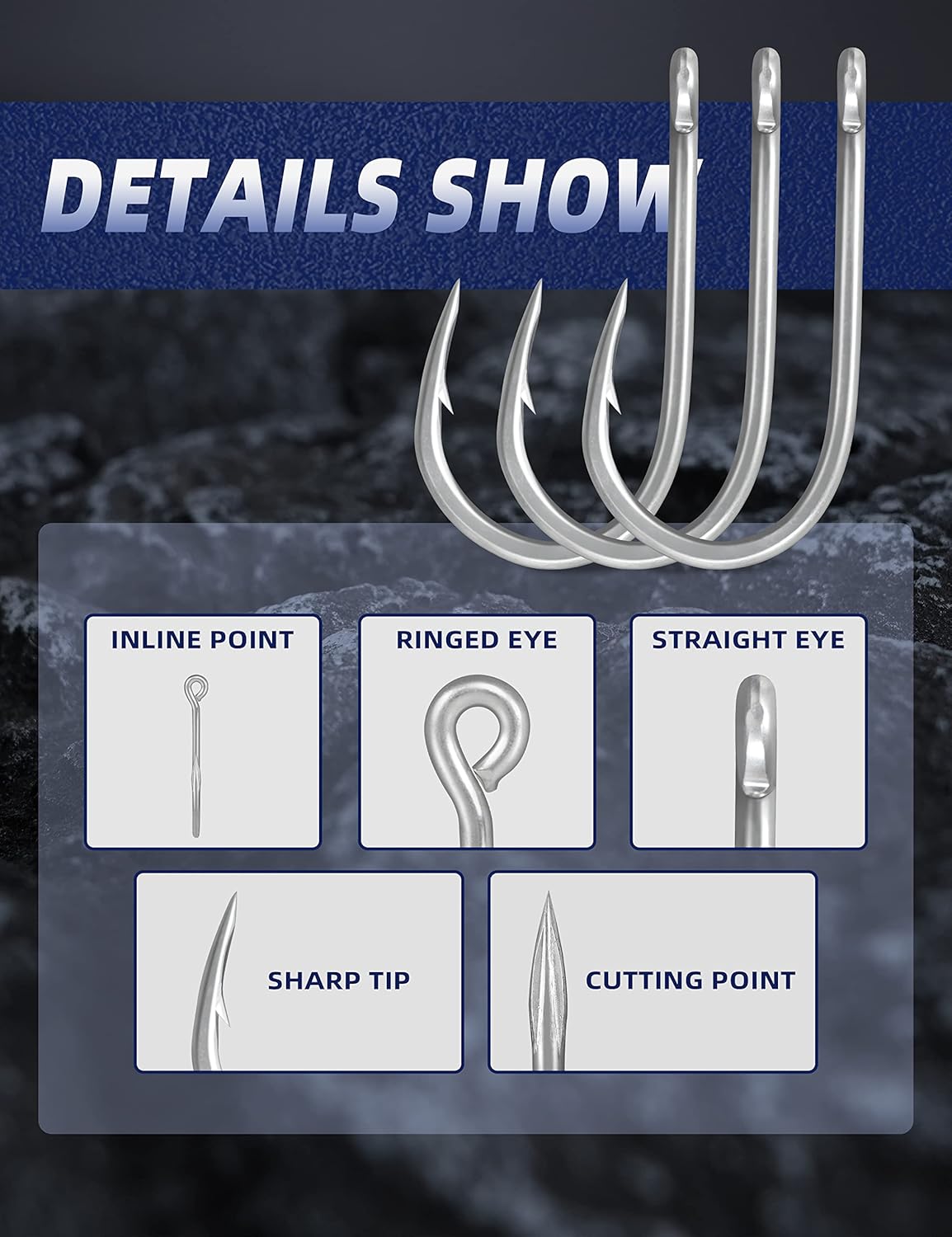 BLUEWING Big Game Hooks 5pcs Cutting Point High Carbon Steel Extra Sharp for Freshwater Saltwater Fishing 7/0 8/0 9/0 10/0