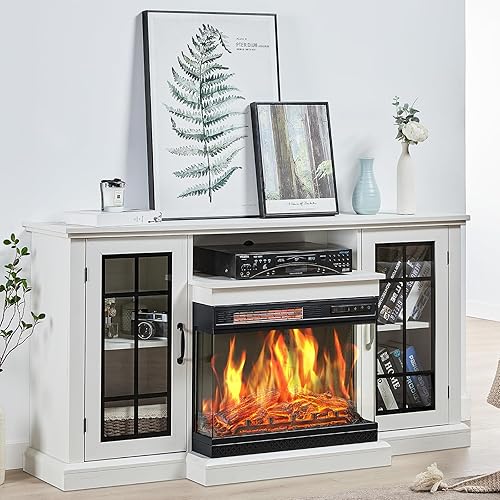 Miniatura 8 de LUXOAK Soporte de TV con chimenea eléctrica de vidrio de 3 lados, centro de entretenimiento multimedia de 59 pulgadas con gabinete de almacenamiento