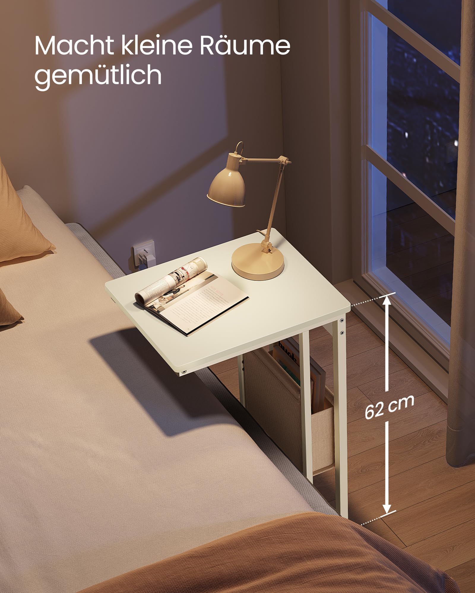 VASAGLE Beistelltisch, C-Form, mit Steckdose, Metallgestell, 40x30x62.2 cm | Sofatisch, Kaffeetisch, für Kaffee und Laptop, modernes Design, cremeweiß, BARNET Kollektion LET356W02