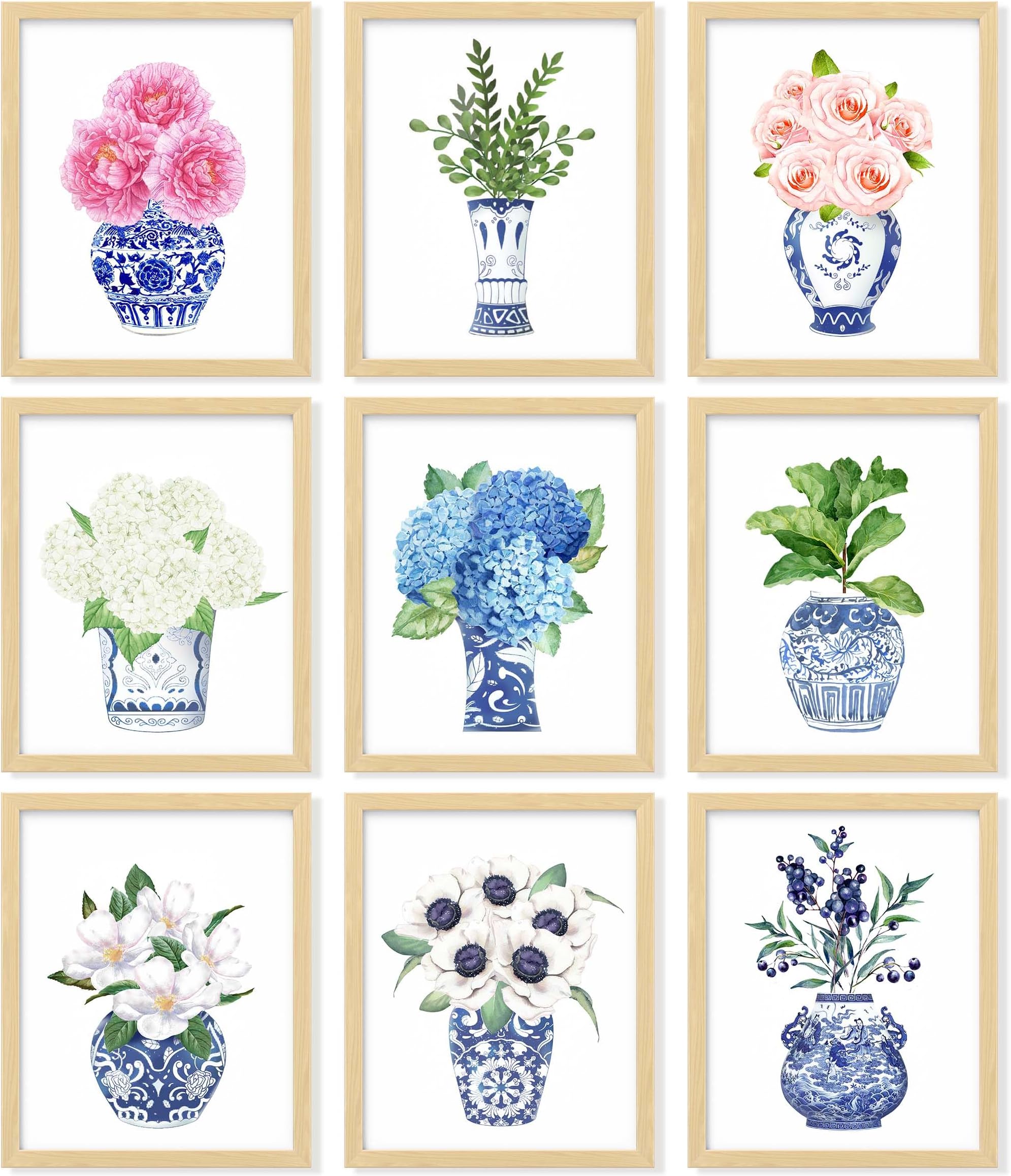97 Decor Chinoiserie Decor - Chinoiserie Wall Art Prints, Blue White Porcelain Vase, Chinese Blue and White Ginger Jar, Chinoiserie Artwork Flower Picture for Home Bedroom Decorations (8x10 UNFRAMED)