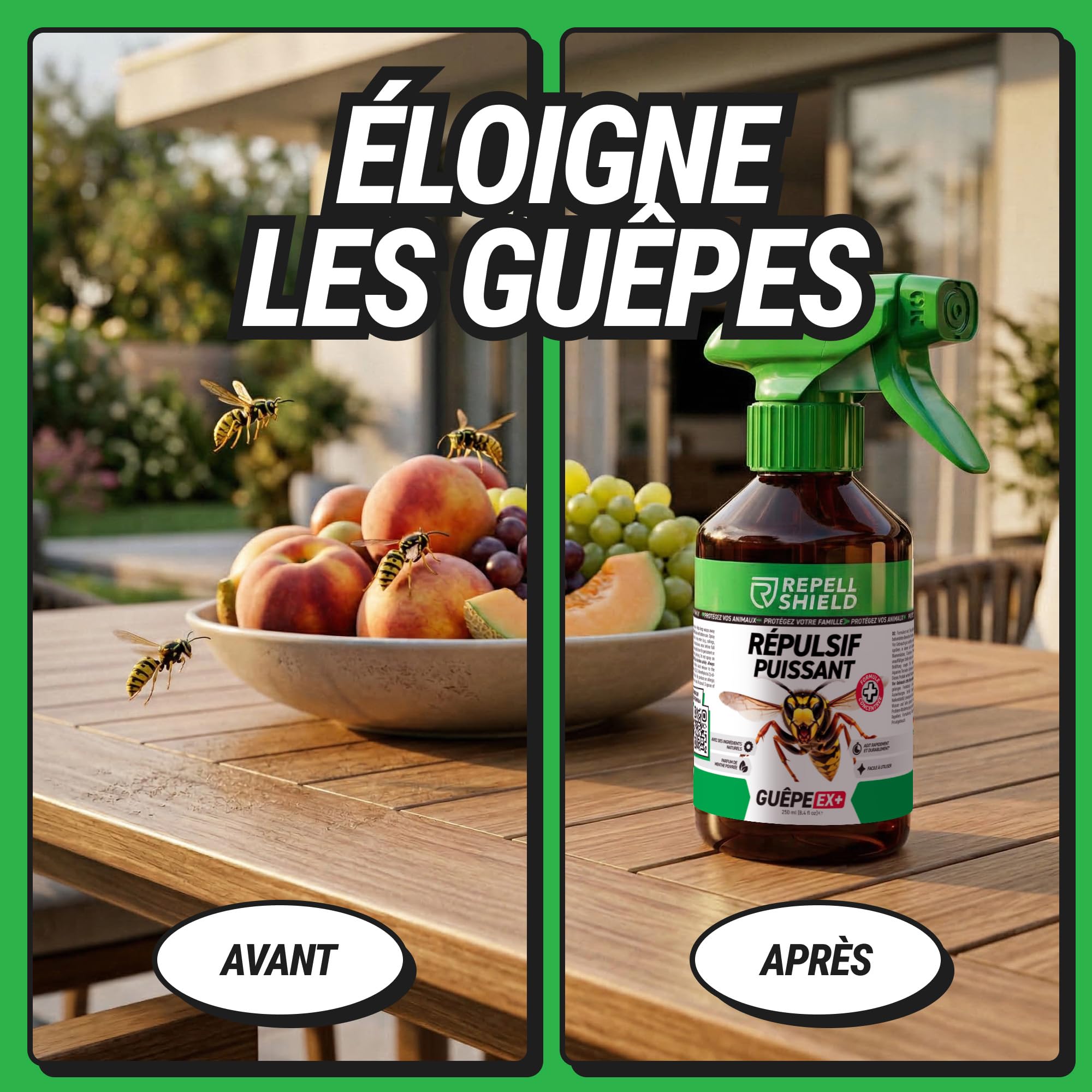 RepellShield® Spray Anti Guepe pour Piscine, Toiture, Jardin -500ml- Non Tachant - Barrière Répulsive à Base de Plantes et Extrait de Chrysanthème - Anti Guepes et Frelons Exterieur