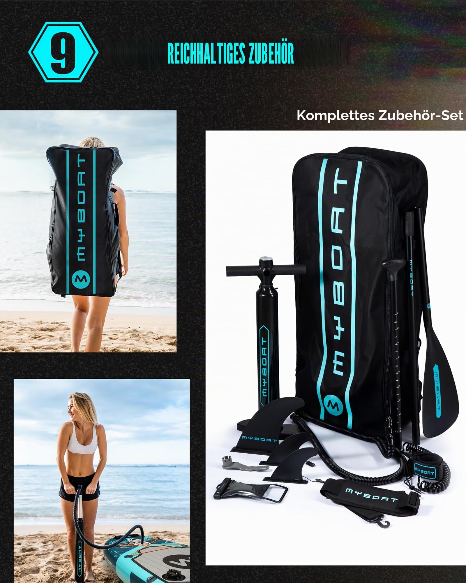 MYBOAT 30,5 x 86,4 x 15,2 cm, extra breit, aufblasbares Paddelbrett, Stand-Up-Paddelbrett zum Angeln, Sup-Board mit 3 abnehmbaren Flossen, Dual-Bungees, Kamerahalterung, Handpumpe, starkes Paddel, 5 l Trockentasche, Leine