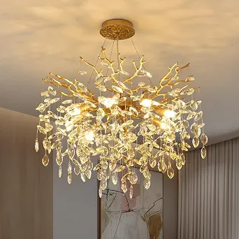 Modern Crystal Tree Branch Chandelier, 18-inch Gold Art Deco Pendant Light with 6 G9 Sockets
