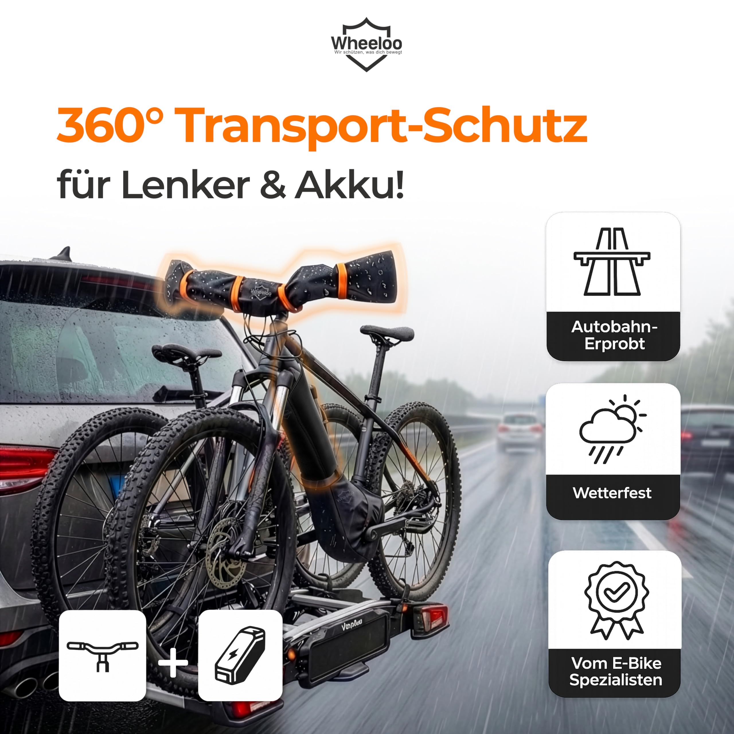 E-Bike Transportschutz Set 2-teilig für Akku & Lenker I wasserabweisende Schutzhüllen für Fahrradträger I E Bike Schutzhülle zB. für Bosch, Shimano, Yamaha Ebike I Wheeloo