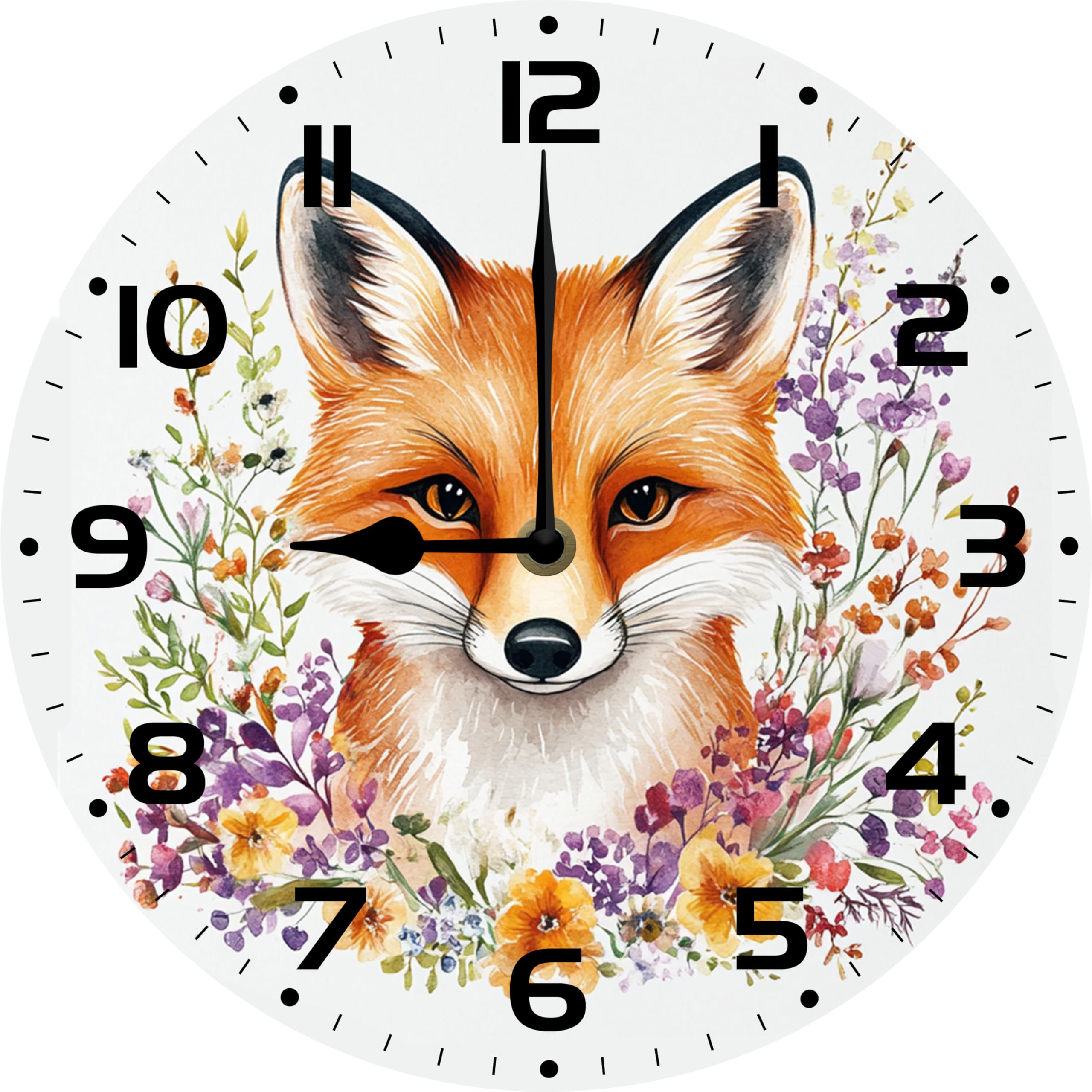 Ensound Fox Wall Clock Floral Sign 12 Inch Round Silent Non Ticking Wood Clocks Battery Operated Wall Clock for Bedroom Kitchen Living Room Bathroom