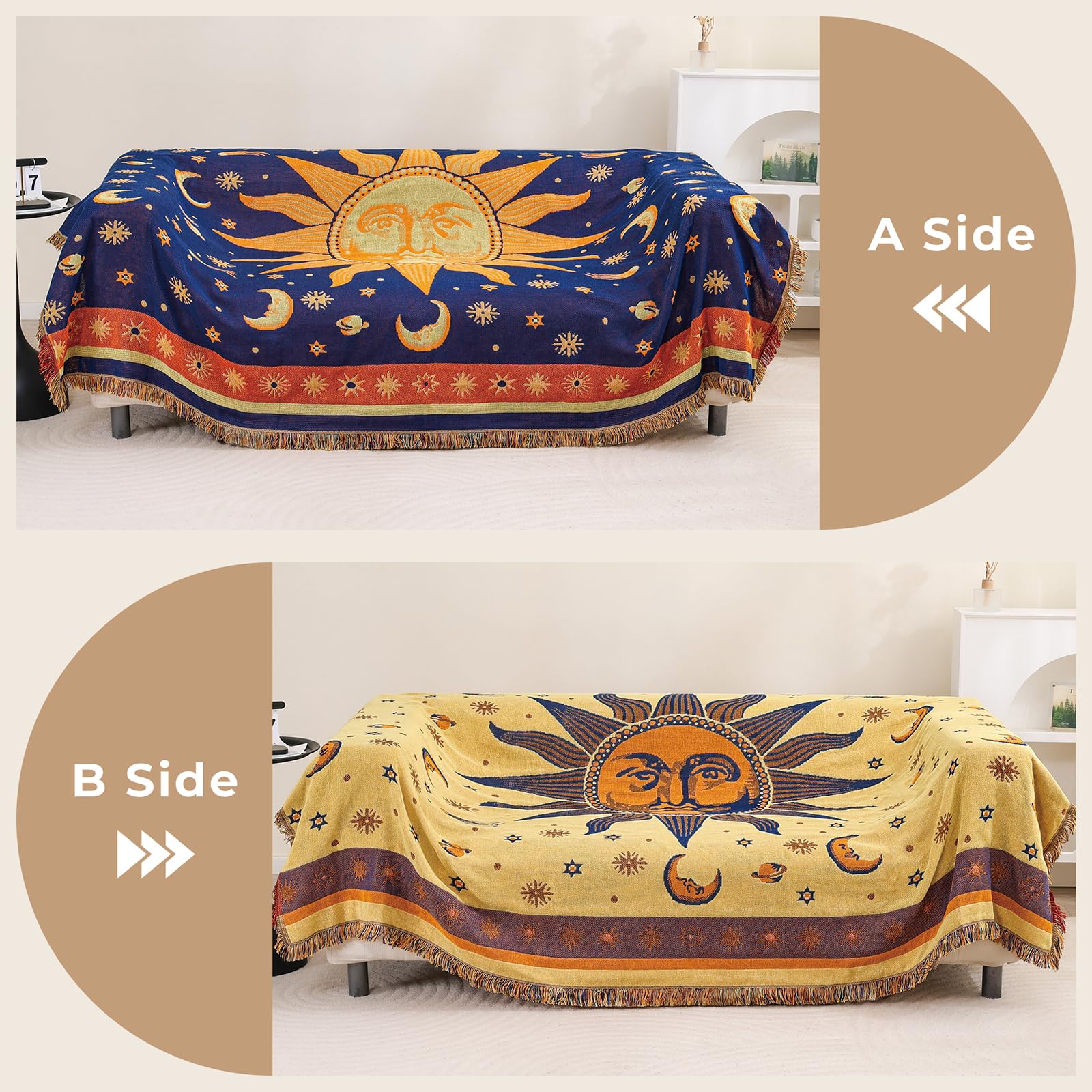 HOORDRY Grande coperta per divano, 180 x 230 cm, reversibile, motivo sole e luna, blu e giallo, in morbido misto cotone/poliestere, per divano a 3 posti, chaise longue, matrimoniale/king size