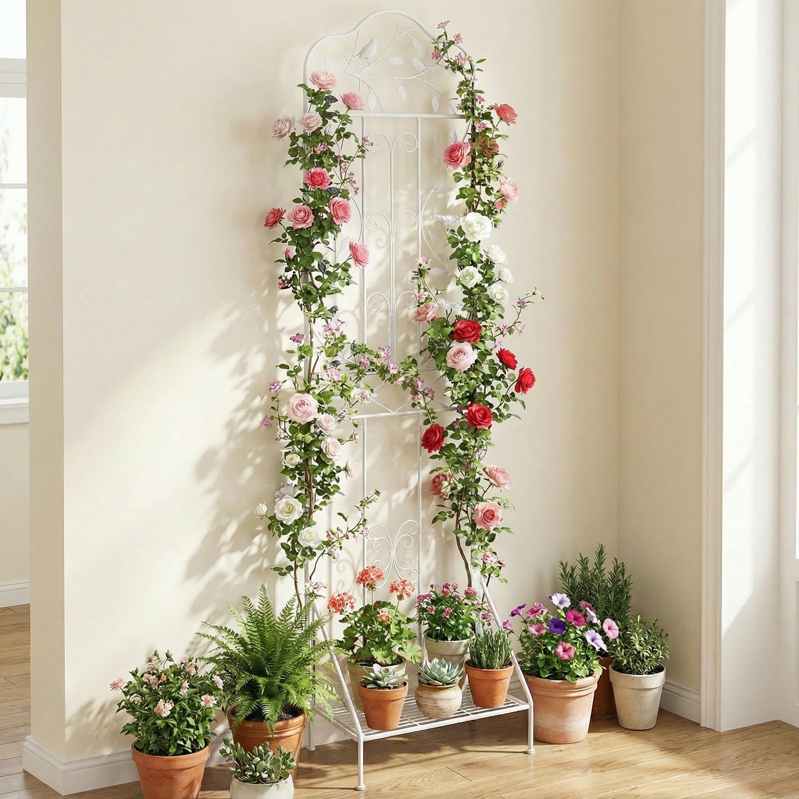 GYMAX Traliccio per Rampicanti in Metallo con Ripiano Pieghevole, Grigliato da Giardino per Recinzione 189,5 x 50 cm, Graticcio Decorativo per Piante Rampicanti per Giardino, Cortile (Bianco,1)