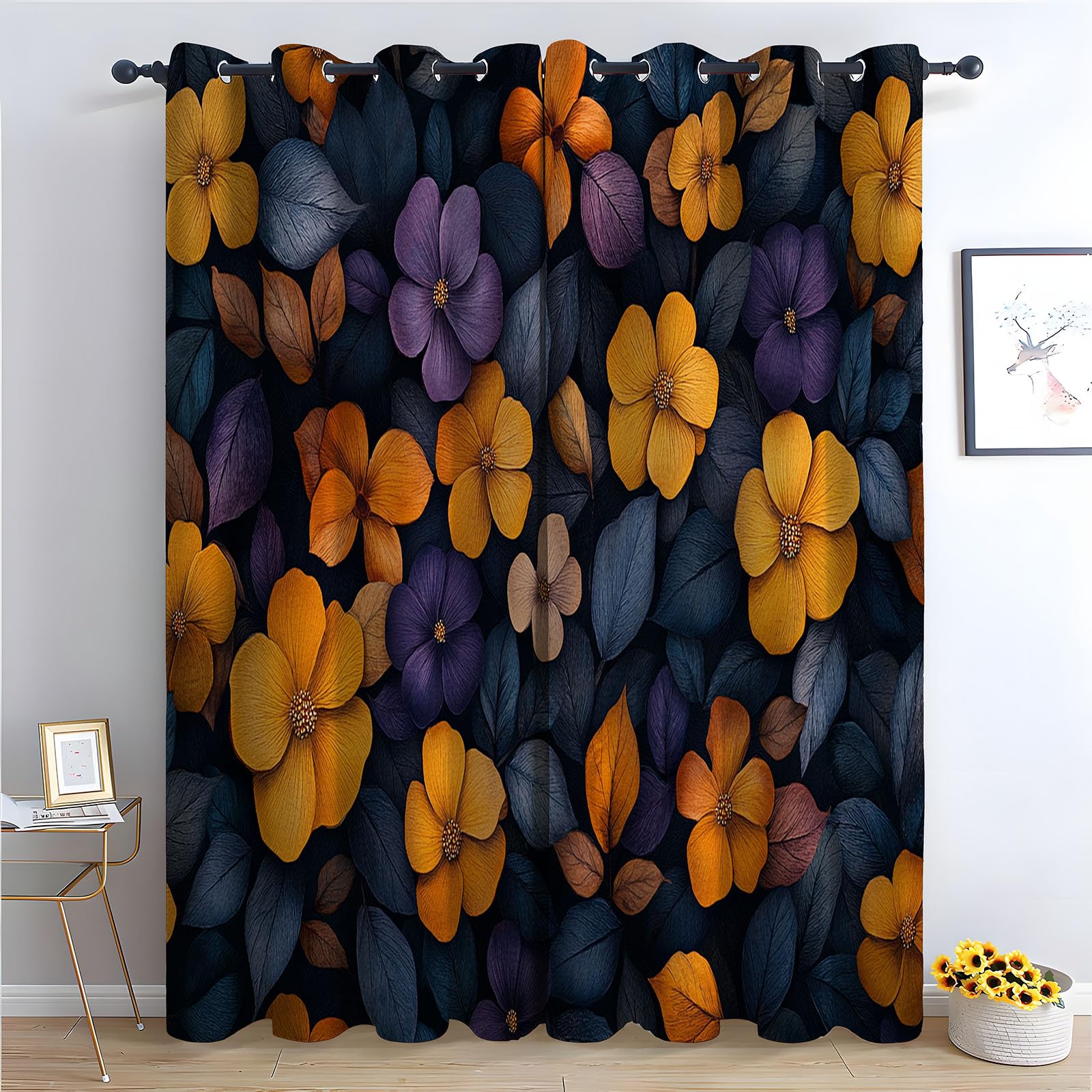 Blickdichte Vorhänge, Buntes Orangen-Lila-Blumenmuster Abstrakt Luxus Modern Muster Gardinen, für Wohnzimmer Schlafzimmer-H240 x B140 cm (2er Pack)