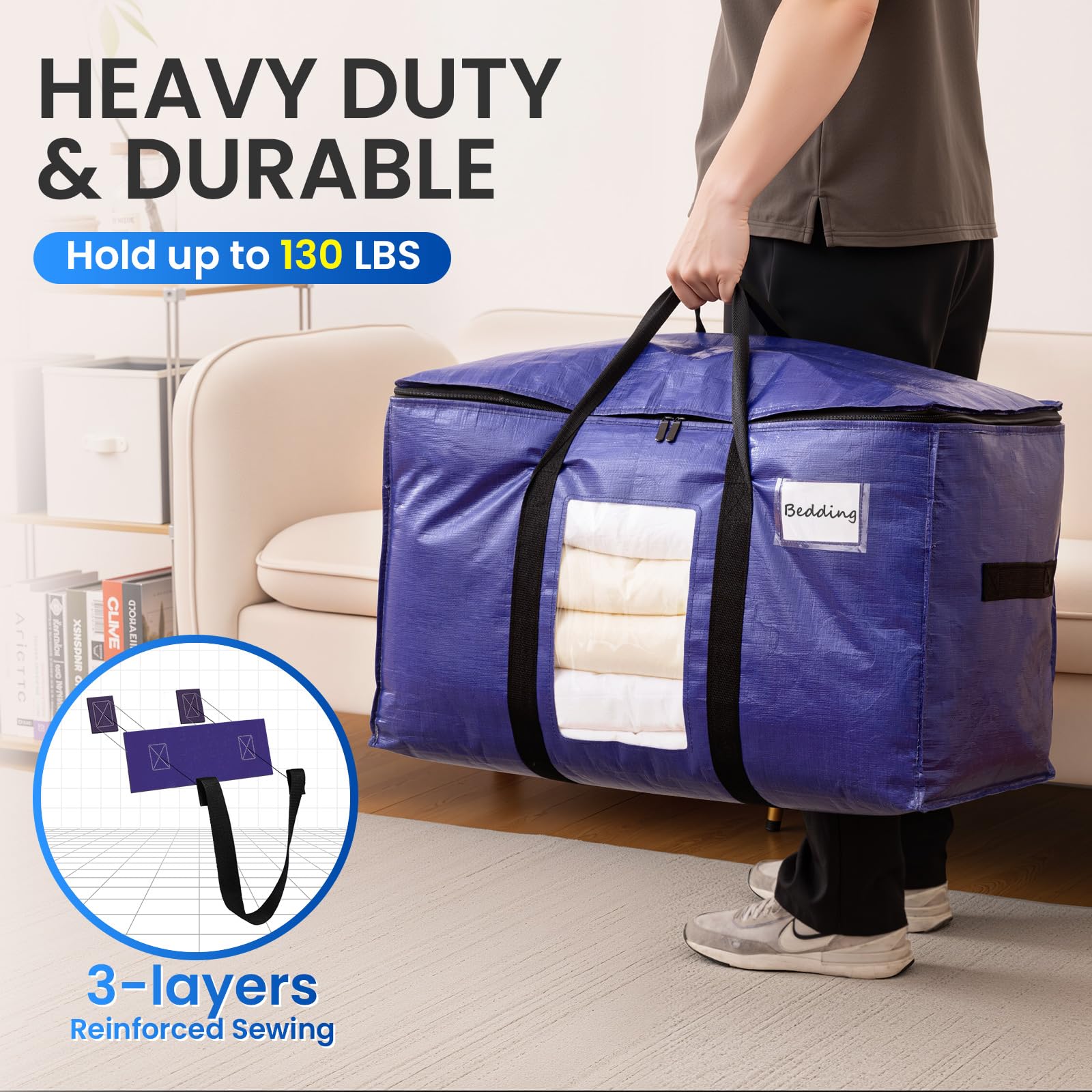 TAILI Moving Bags Extra Large,Clear Window & Reinforced Handles,Heavy Duty Storage Bags with Zips for Clothes,Beddings,Duvets,Moving,Camping,Travel,Loft Storage(4 Pack Deep blue) - Image 4