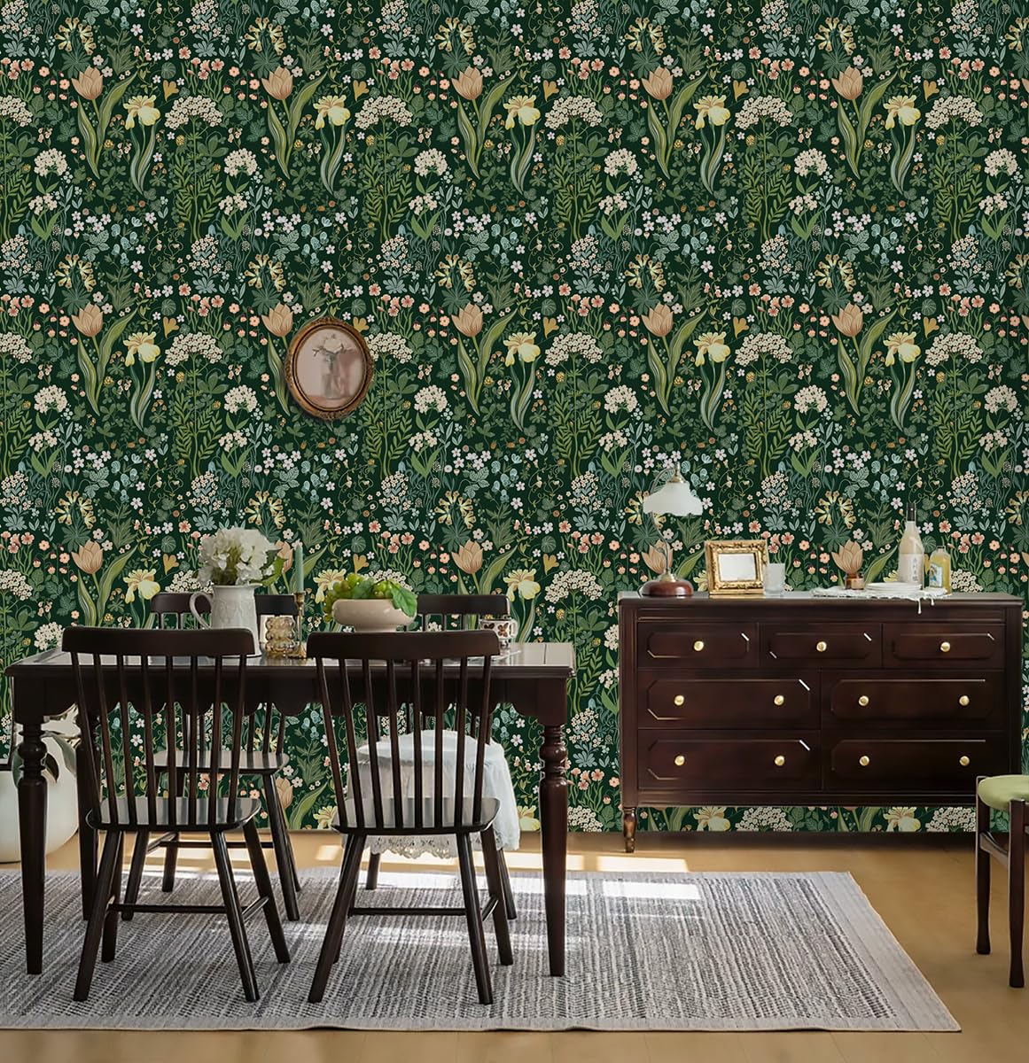 LiKiLiKi Samoprzylepna tapeta w kwiaty, 44 x 1000 cm, zielona, tapeta kwiatowa, retro, kwiaty, liście, tapeta z motywem, folia samoprzylepna, tapeta ścienna, wodoszczelna folia do mebli, do sypialni,
