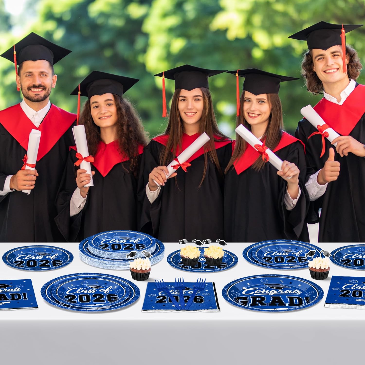 200Pcs Graduation Decorations 2026, Blue Graduation Plates and Napkins Party Supplies for 50 Guests, Disposable Grad Plates, Napkins, Dessert Plates and Forks for Grad Decor Wedding Birthday Supplies