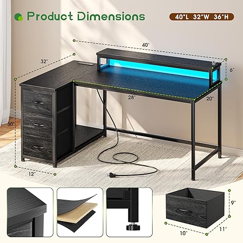 Miniatura 2 de EnHomee Escritorio para juegos en forma de L con luces LED y toma de corriente, escritorio de computadora de 40 pulgadas con cajones, escritorio