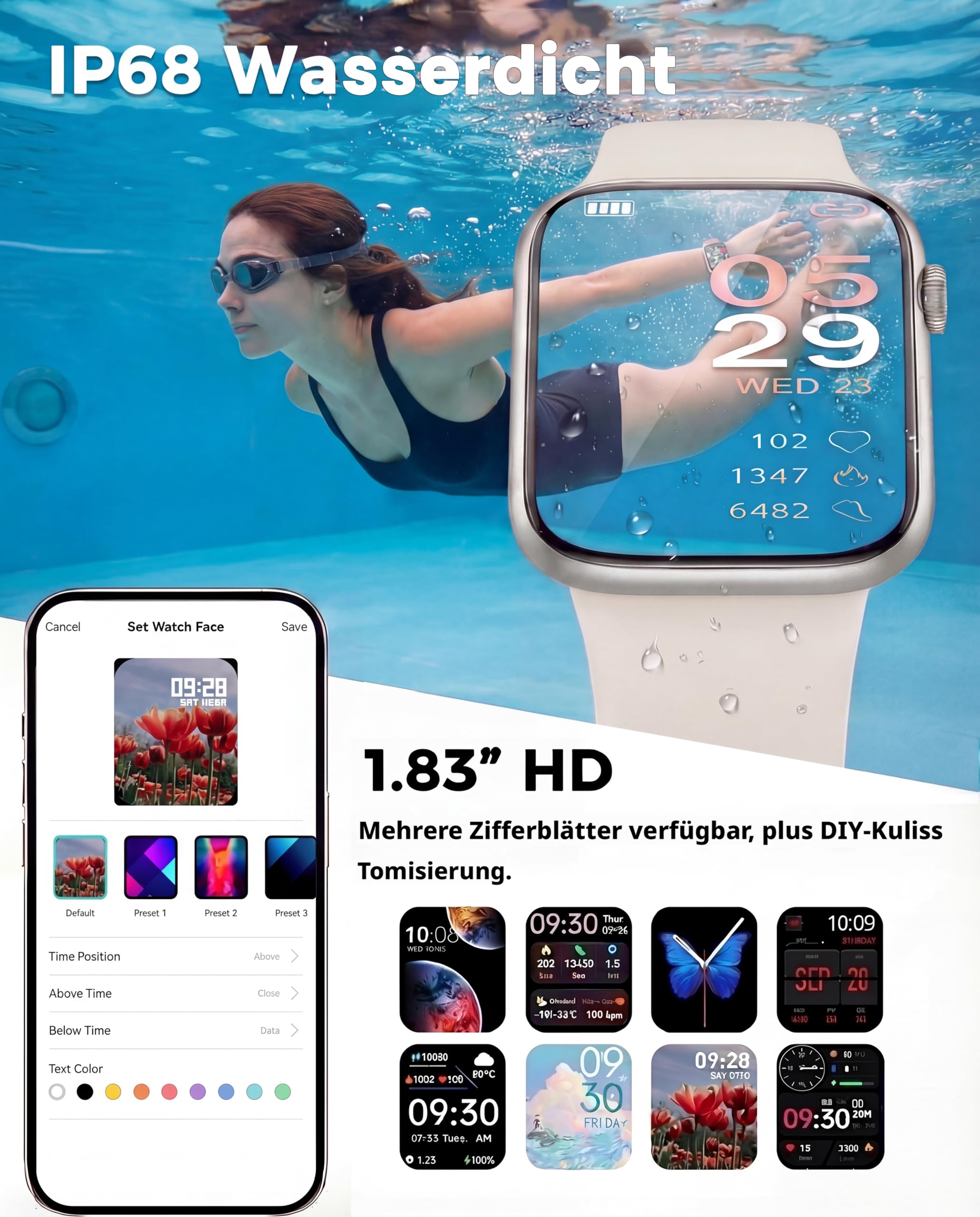 Smartwatch Damen Herren, 1.83" HD Fitnessuhr & Fitness Tracker mit Schrittzähler/Blutdruckmessung/Pulsuhren/Telefonfunktion, Schlaftracker, 120+ Sportmodi, IP68 Wasserdicht Sportuhr für Iphone Android