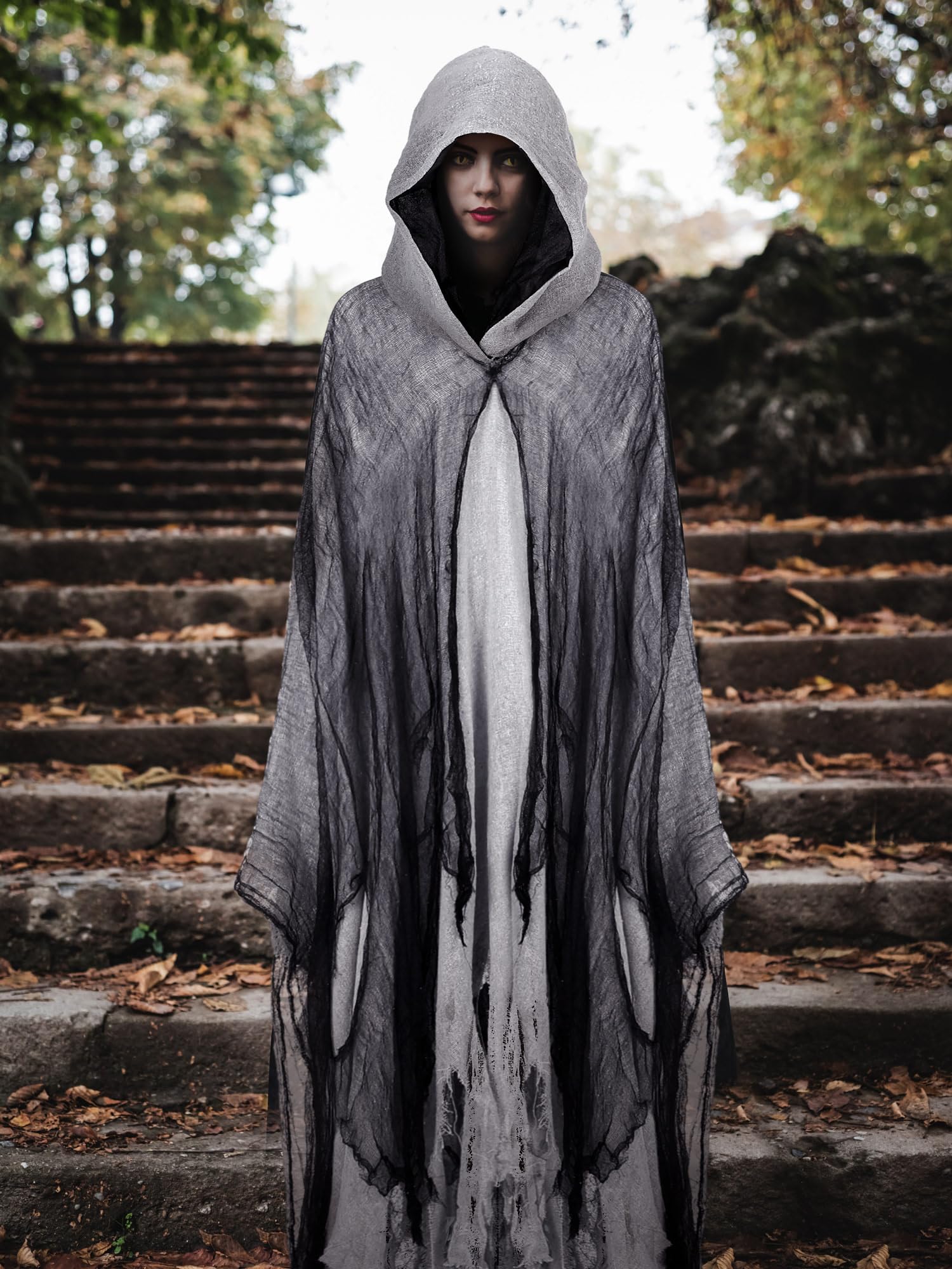 Geyoga Peleryna z kapturem na Halloween, średniowieczny kostium czarodzieja lub kostuchy do cosplayu dla dorosłych.