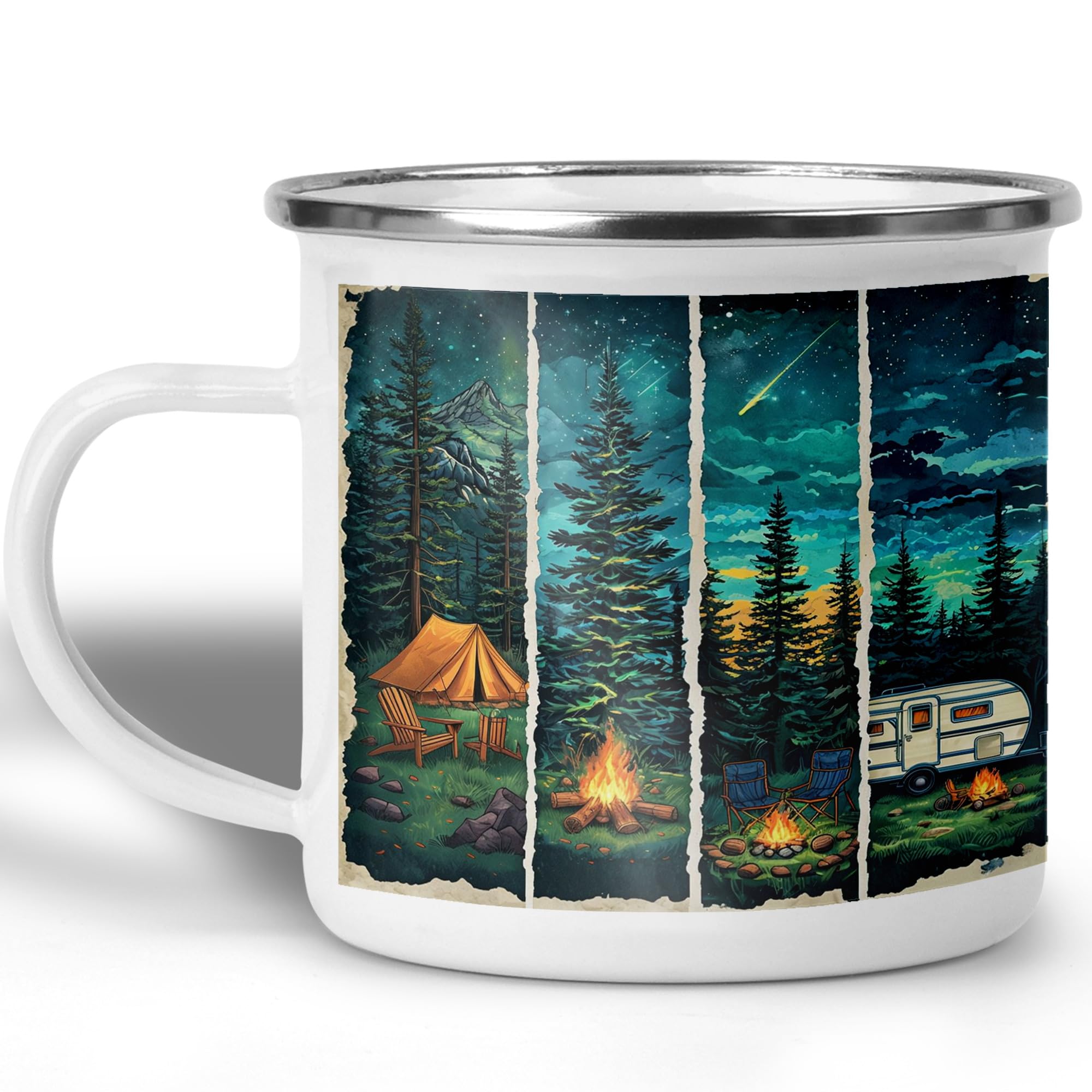 Forest Campfire Panel Camping Mug, 12oz Mug Scenic Tent and Camper Van Enamel Coffee Cup with Pine Trees and Starry Sky, Outdoor Campfire Cup for Nature Adventure, Lightweight Drinkware