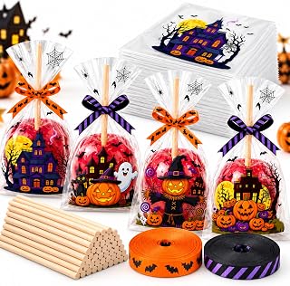 400 Pcs Halloween Candy Apple Bags and Sticks DIY Caramel Apple Kits
