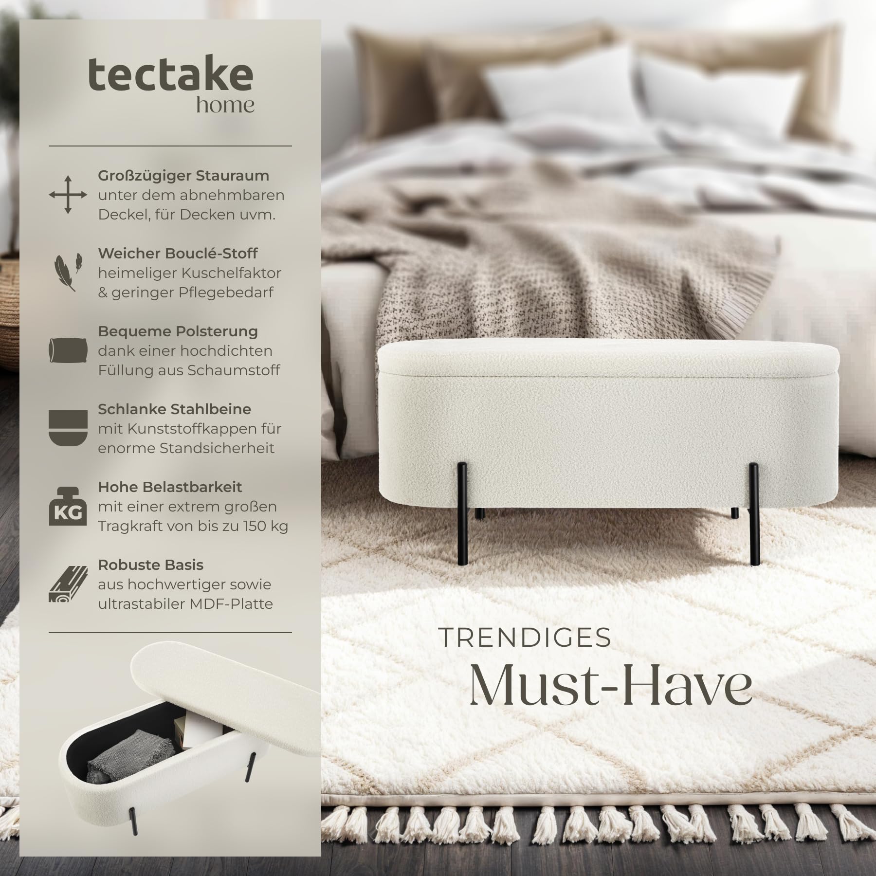 tectake® Sitzbank mit Stauraum, Truhe mit Deckel, Polsterbank Sitztruhe als Bettbank mit Stauraum, Aufbewahrungskiste, Sitztruhe mit Stauraum, gepolstert, mit Bouclé Stoff im Scandi Style