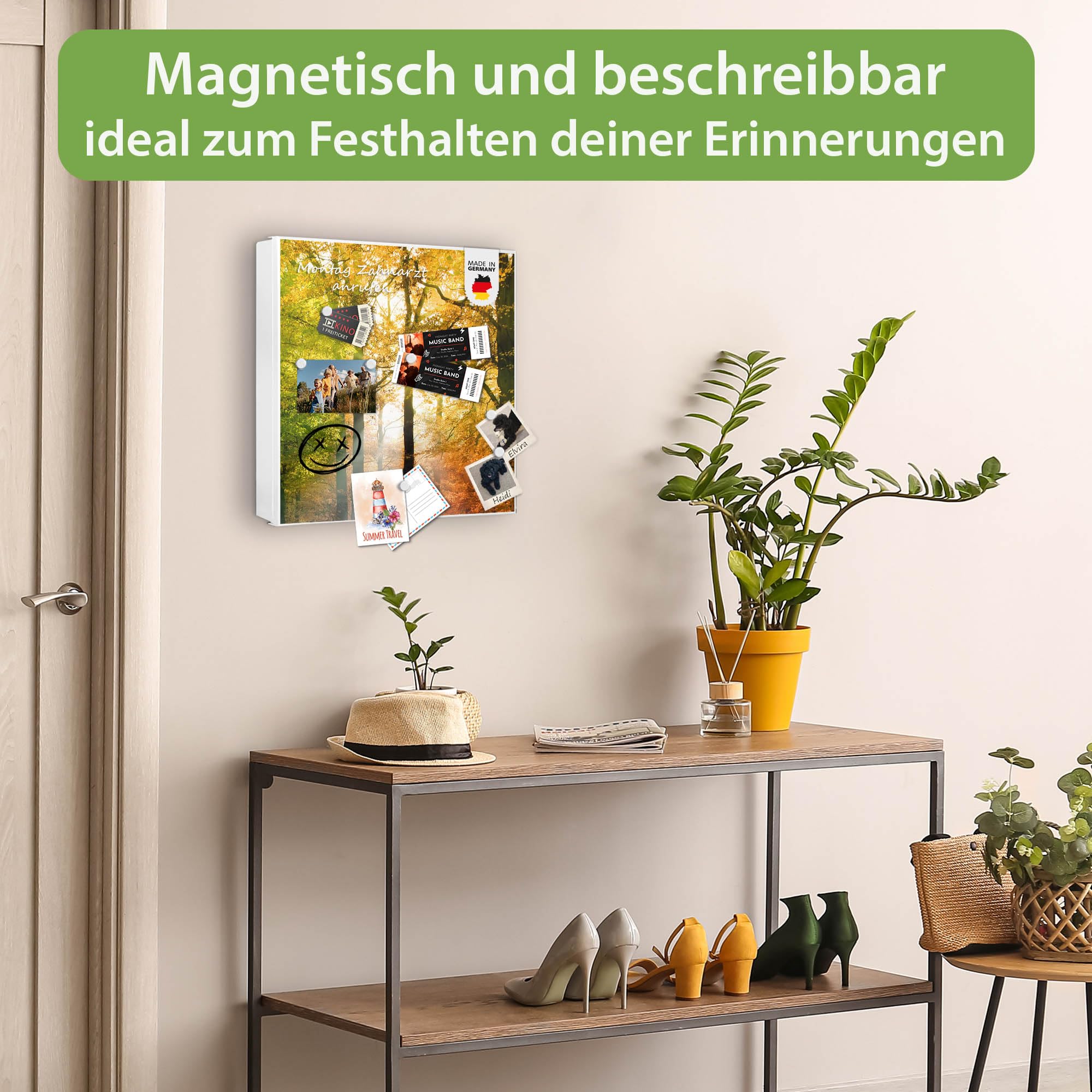 banjado Großer Schlüsselkasten Metall - Schlüsselbox 30x30cm beschreibbarer mit 32 Haken - Schlüsselkasten modern für Schlüsselaufbewahrung - Korpus Weiß Scharnier Rechts - Motiv Herbstwald
