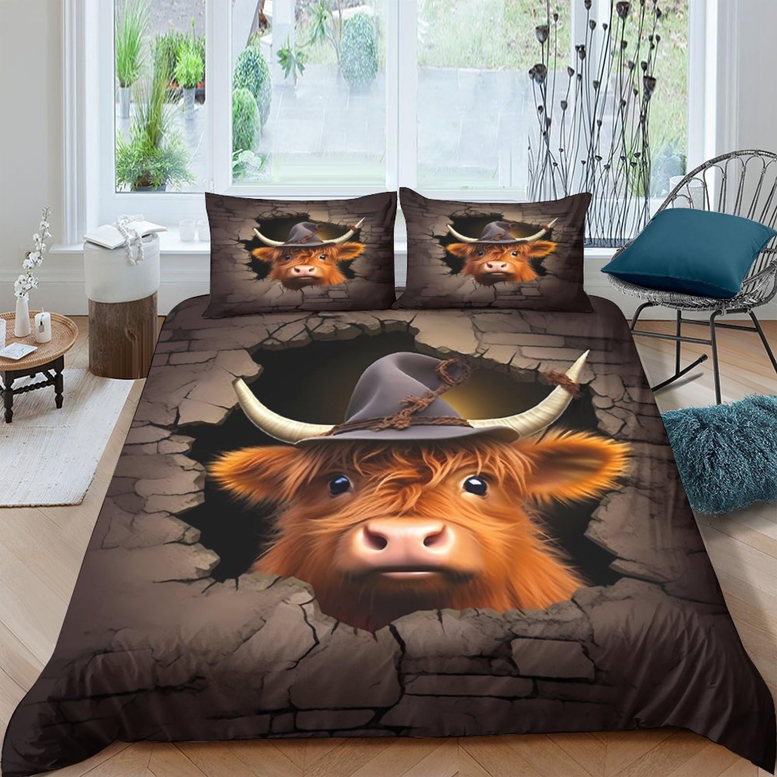 Ctjqhvkz Style-6 3D Printed Highland Cow Fitted Sheet Microfiber Soft Brown Cowboy Hat Bed Cover Bedroom Dorm Mattress Decor Single（135X200cm）