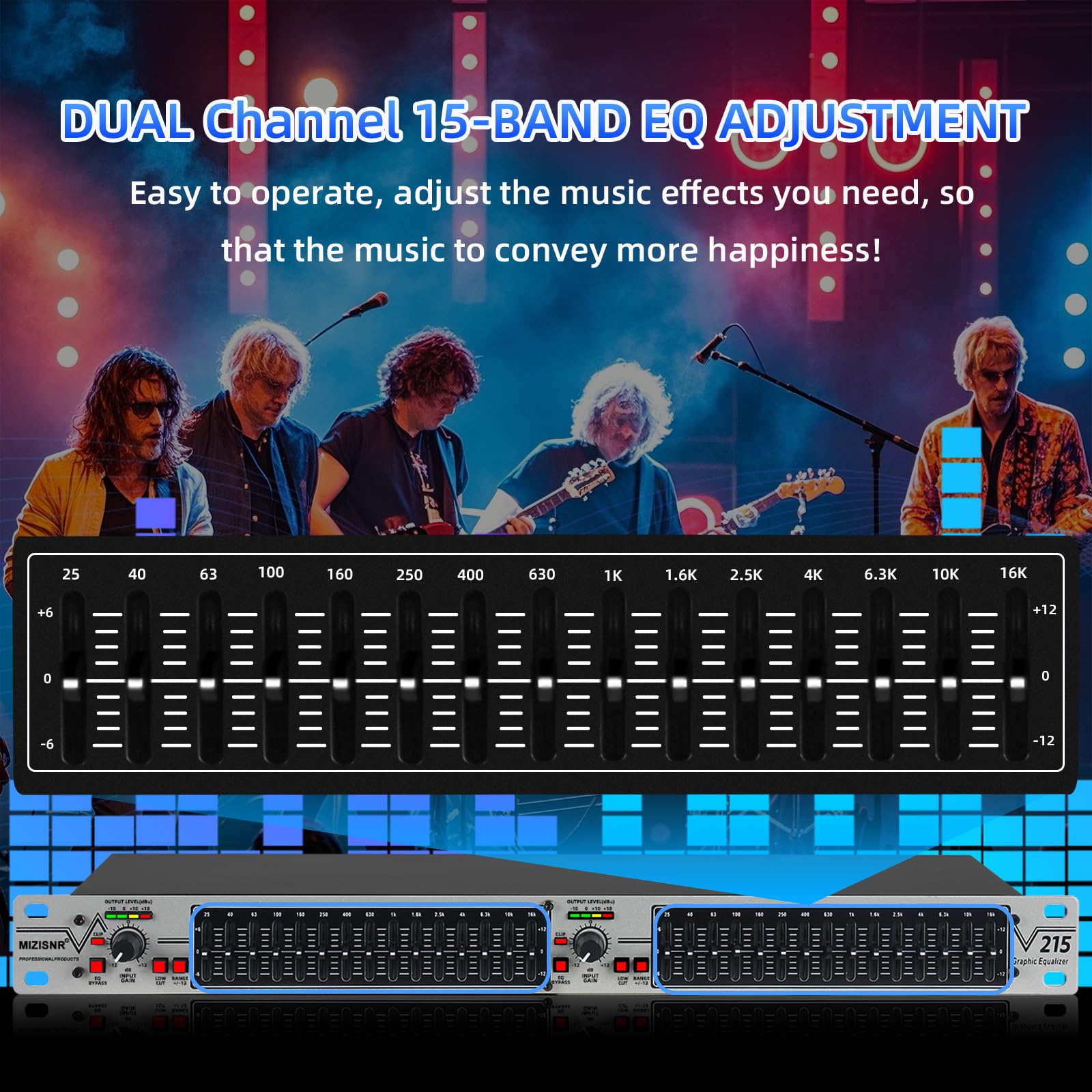 Ecualizador gráfico estéreo de 15 Bandas para Audio doméstico, Ecualizador Profesional de DJ Plateado de Doble Canal, reducción de Ruido de Montaje en Rack de 1U (EQ-215S)