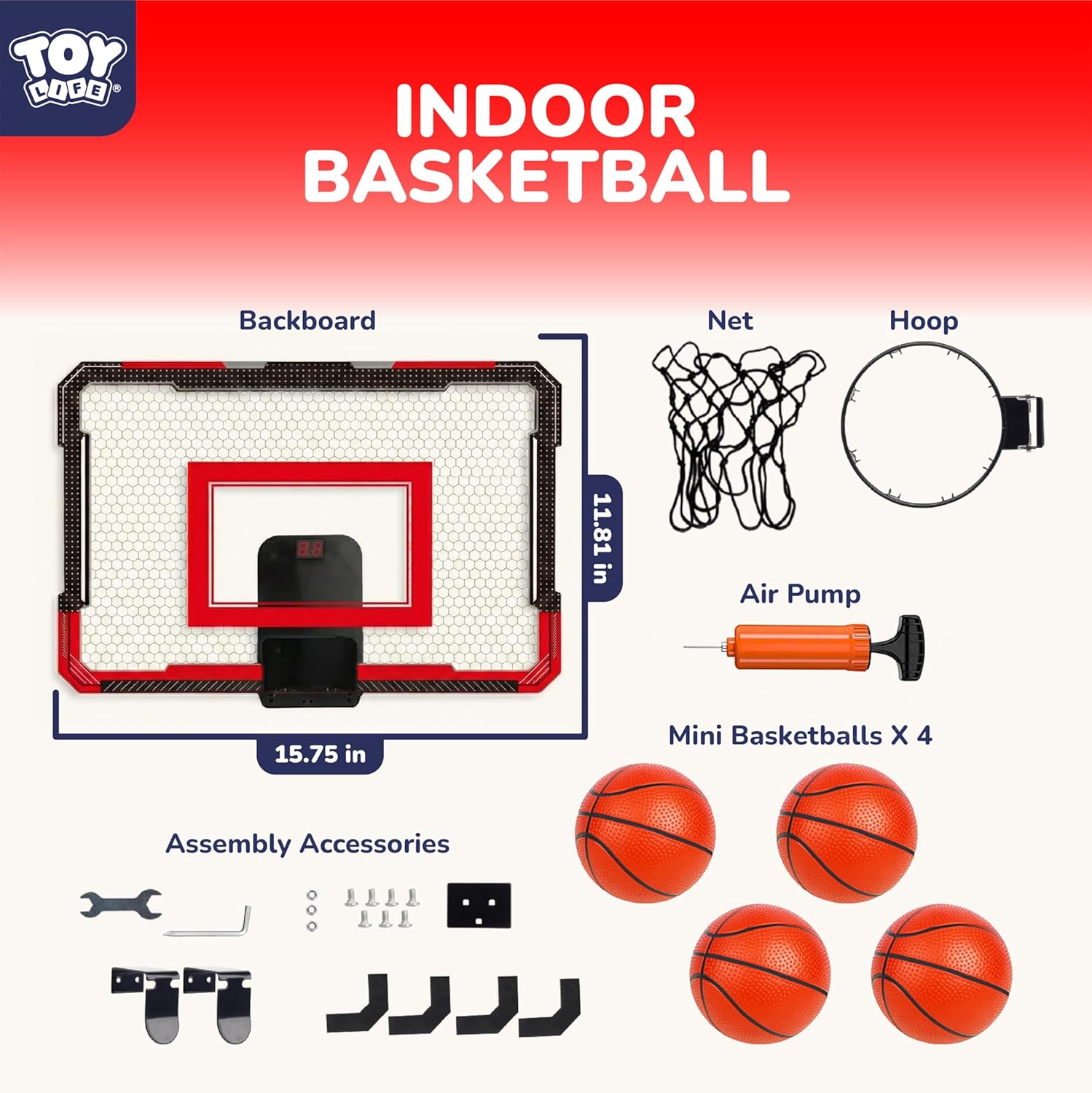 TOY Life Basketball Hoop Over The Door for Kids, Teens, Adults - Indoor Mini Hoop for Room, Office with 4 Balls - Basketball Goal