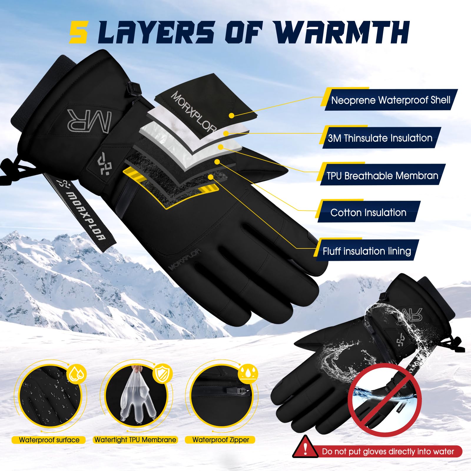 MORXPLOR Guantes de nieve de esquí para hombres y mujeres, 3M Thinsulate aislados cálidos guantes de snowboard de invierno, impermeables a prueba de viento, guantes de moto de nieve para clima frío
