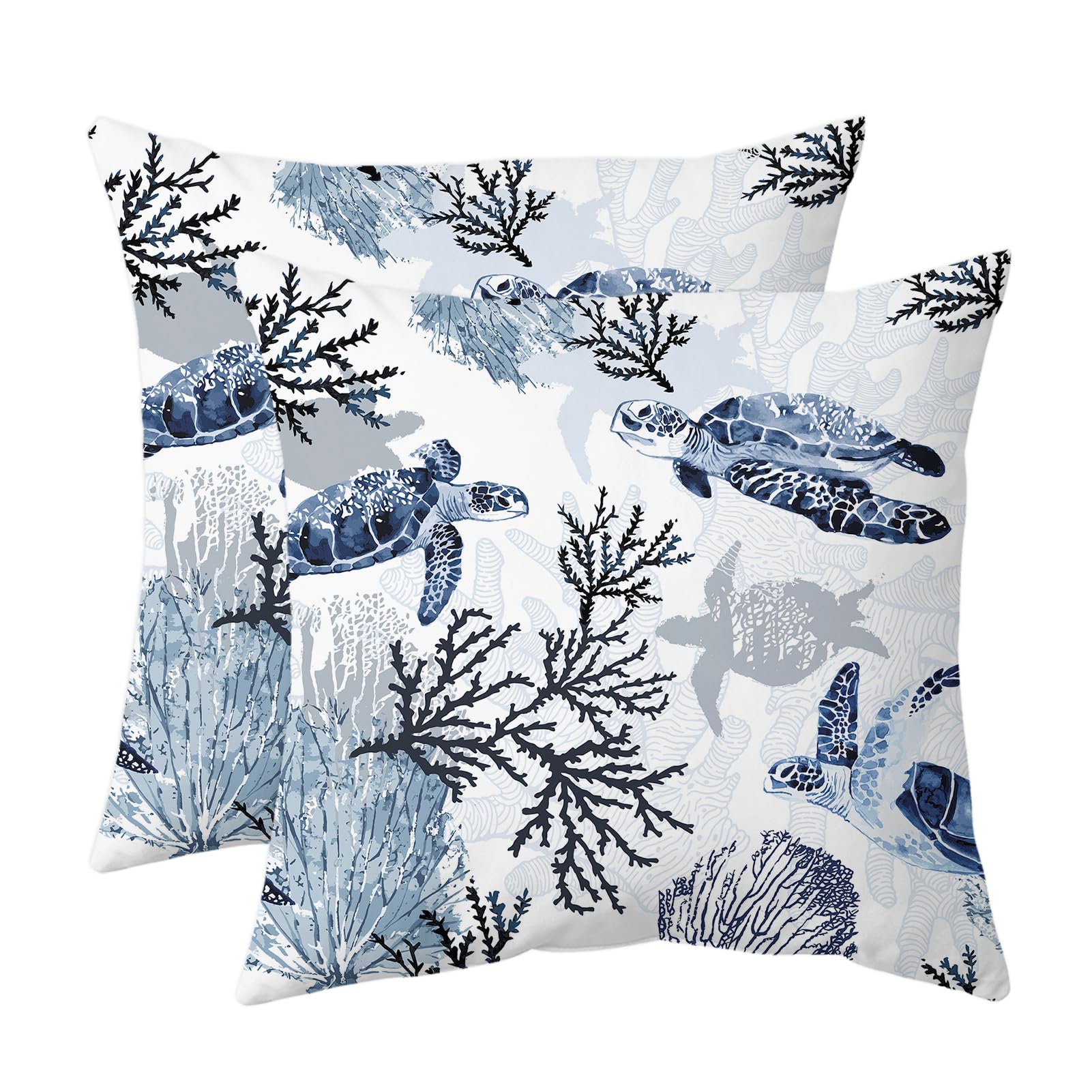 weesire Nautical Coastal Throw Pillow Covers Set of 2 Beach Themed Ocean Coral Sea Turtle Decorative Pillow Cases Outdoor Sofa Cushion Cover for Bedroom Living Room, 16x16, Blue