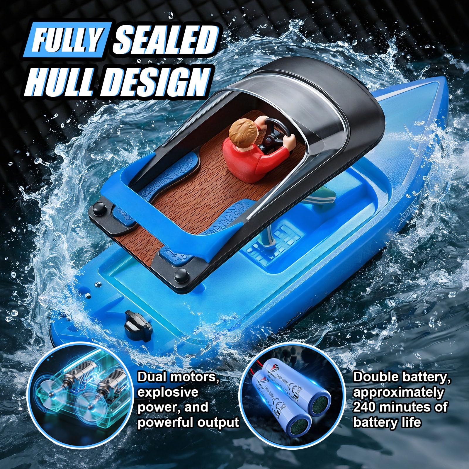 YOOHBERRYS Barca Telecomandata con Luce LED, 2,4 GHz Barca RC per Bambini Adulti, Motoscafo Elettrico 15+ KMH per Piscine e Laghi (Blu)