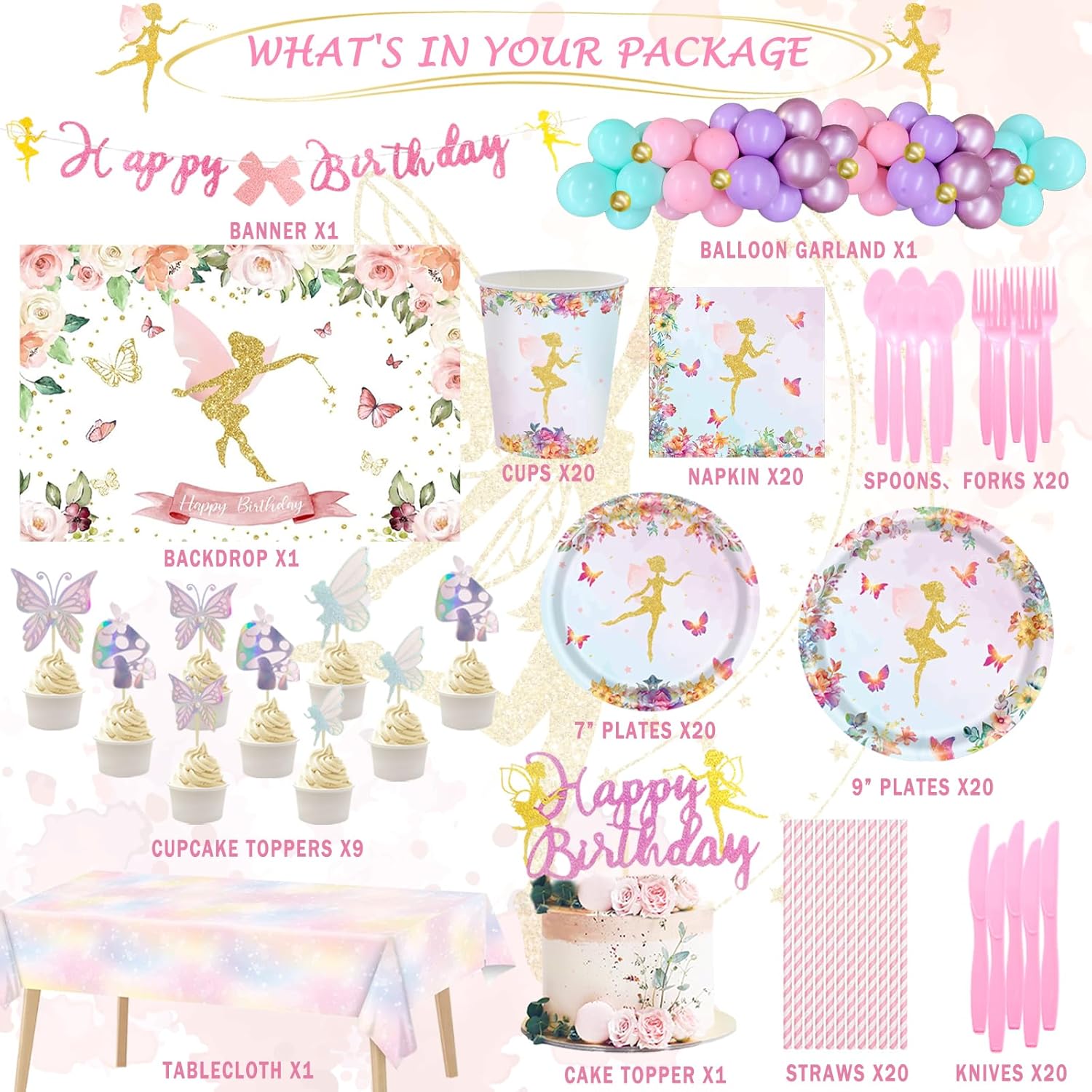 Fairy Birthday Decorations, Fairy Wonderland Party Supplies Backdrop Balloon Garland Banner Tablecloth Cake Cupcake Topper Plate Napkin Cup Straw Knife Spoon Fork Floral