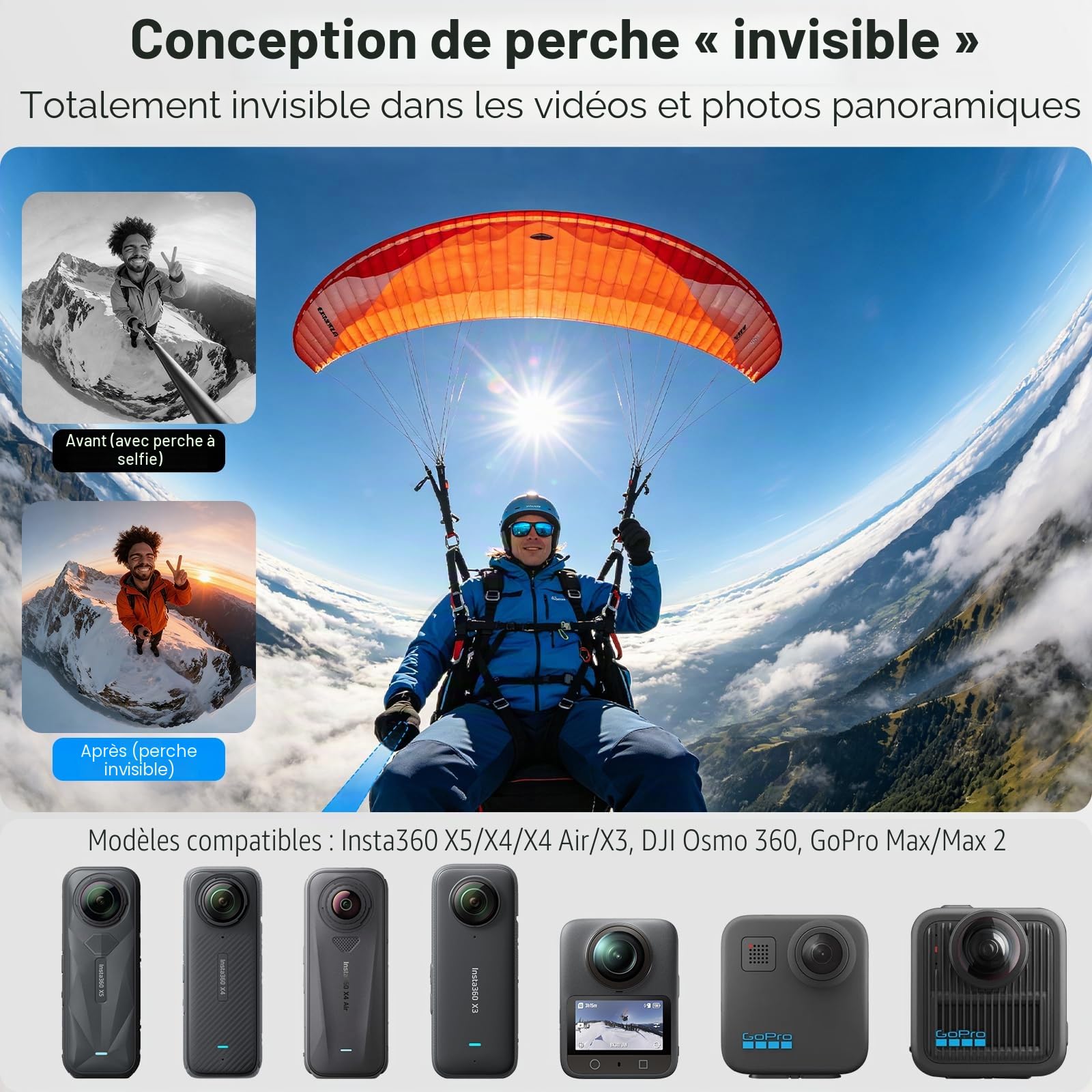 REYGEAK Perche à Selfie Invisible de 150 cm pour Appareil Photo Insta360 et 360 | Perche d'extension pour DJI Osmo Action 5 Pro/4, GoPro | Poignée étanche avec Base trépied et poignée