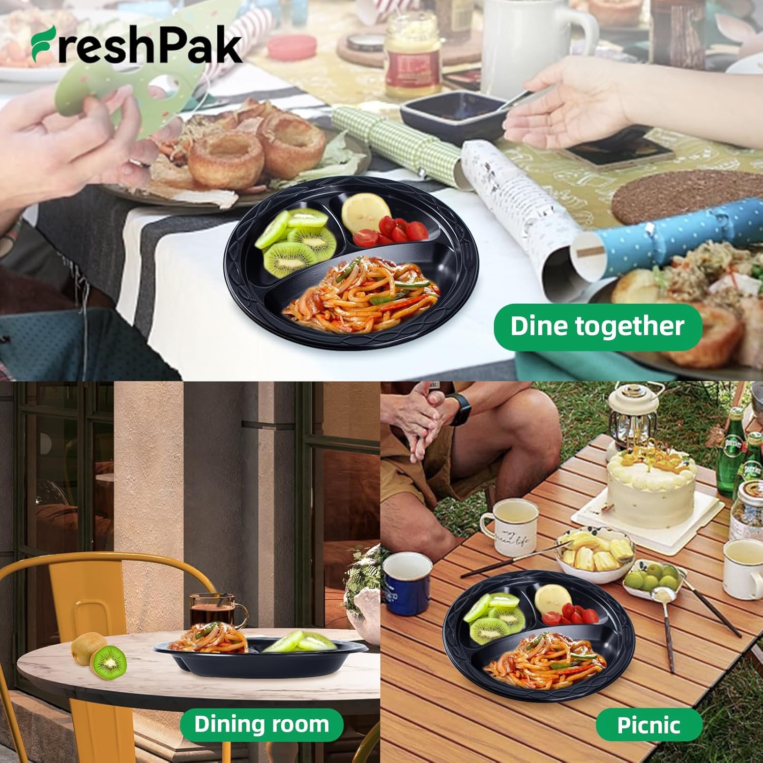 Disposable Plates BPA Free 9" 150 Pack - Shrink Wrap Secured Mineral Filled PP | Heavy Duty Dishwasher & Microwave Safe Plastic Trays for Party Catering | Black 3 Compartment Dinner Plate