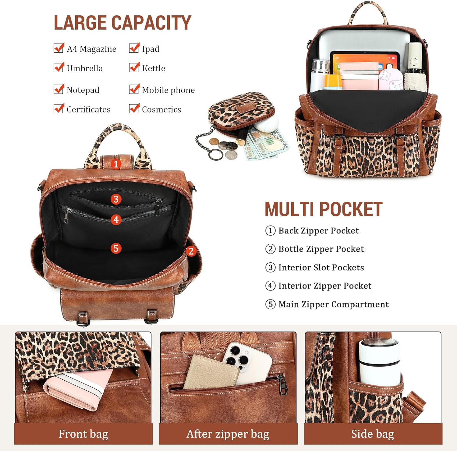 Backpack Purse for Women PU Leather Back Packs Designer Ladies Shoulder Bag Fashion Faux Work Travel Handbags - Image 4