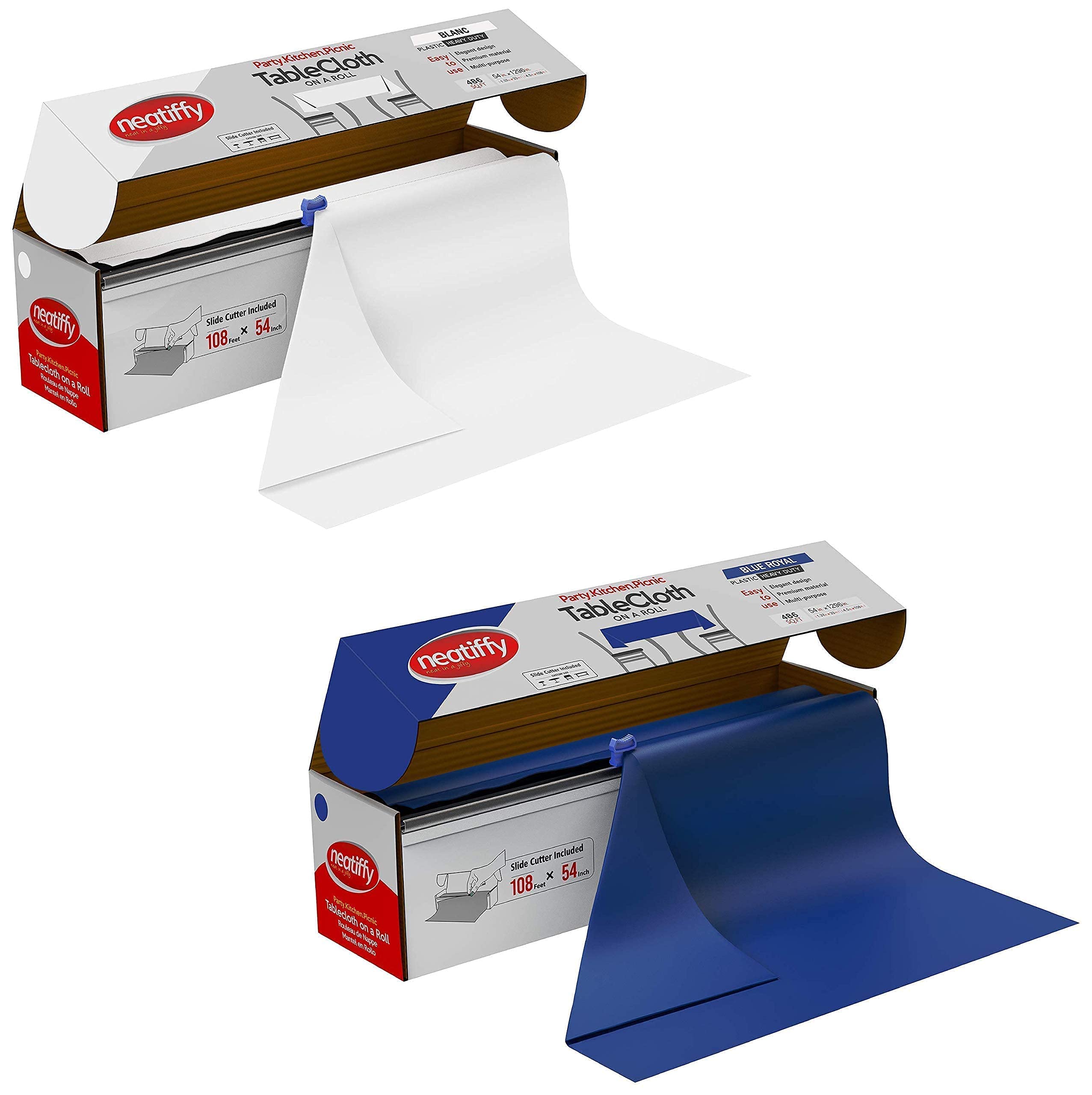 Neatiffy Disposable Plastic Table Cloth Roll | 54 in x 108 Ft Waterproof Tablecloth | Table Cover for Rectangle, Square, Round Oval Tables | Picnic, Party, Banquet-White, Blue