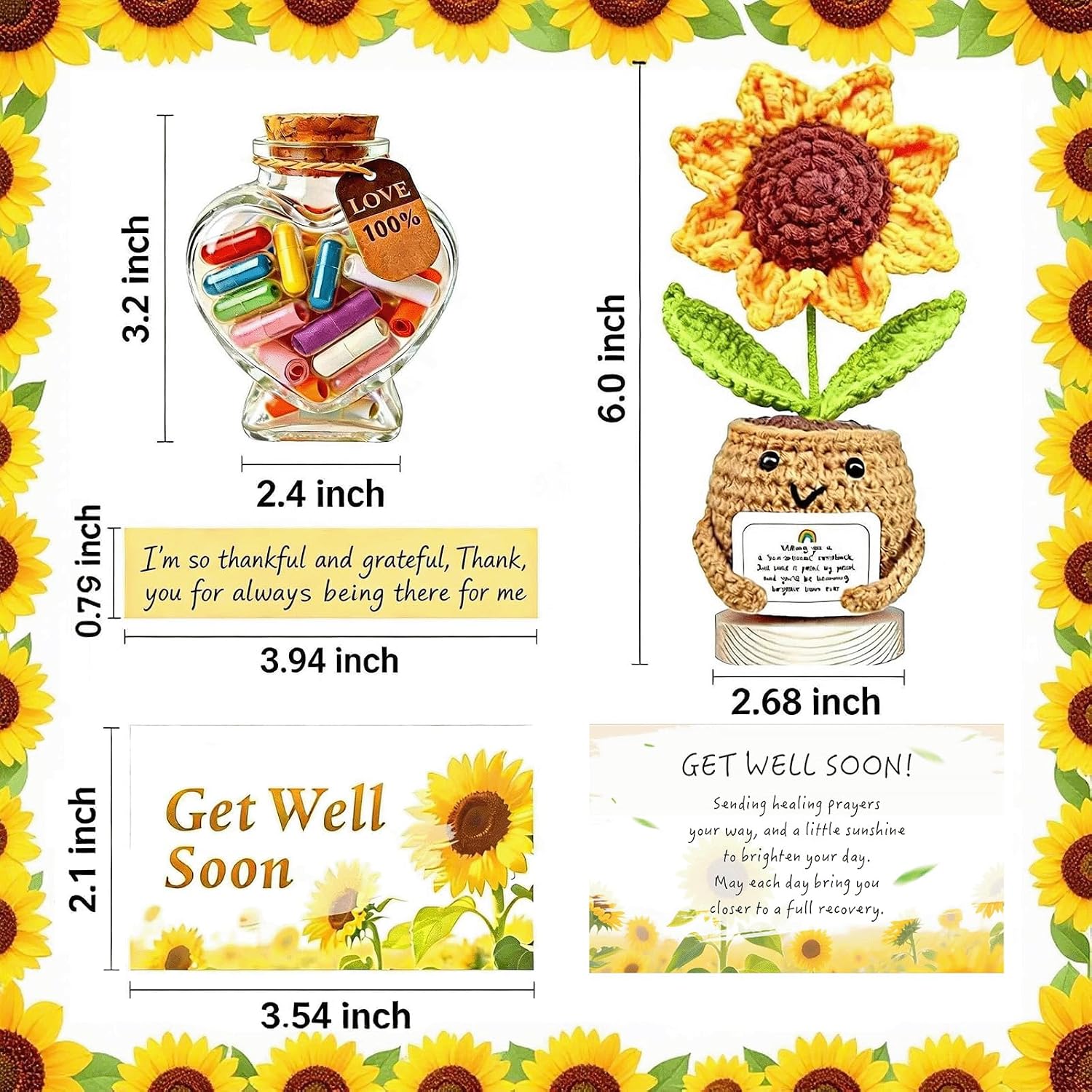 Get Well Soon Gifts Care Package,Knitted Positive Crochet Sunflower & Capsule Letters Message Bottle with Card, Sending Sunshine Feel Better Box for Women Men Friend After Surgery Recovery