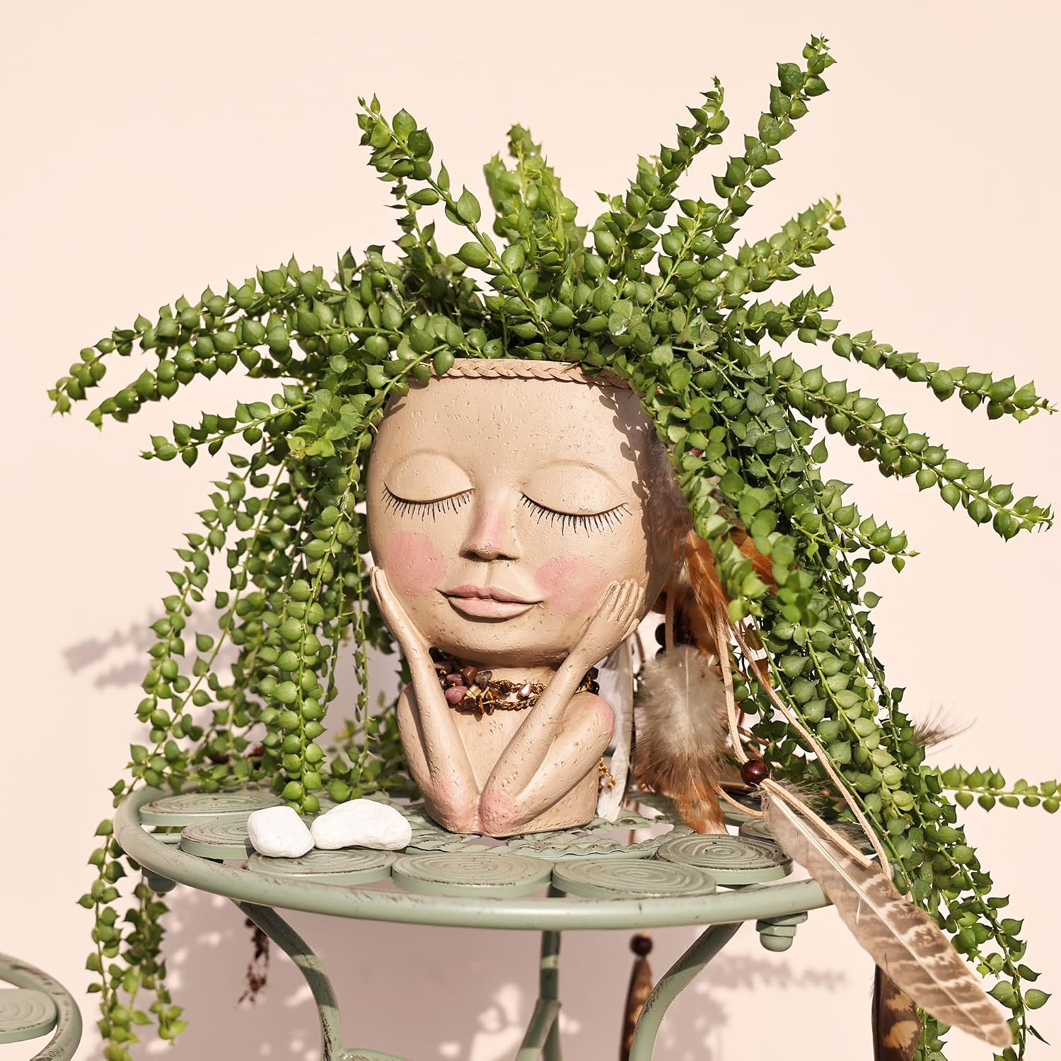 YIKUSH Plant Pot Face Planter Pots for Plants with Drainage Unique Head Flower Pot for Indoor Outdoor Plants Cute Lady Face Succulent Pots Closed Eyes,Khaki