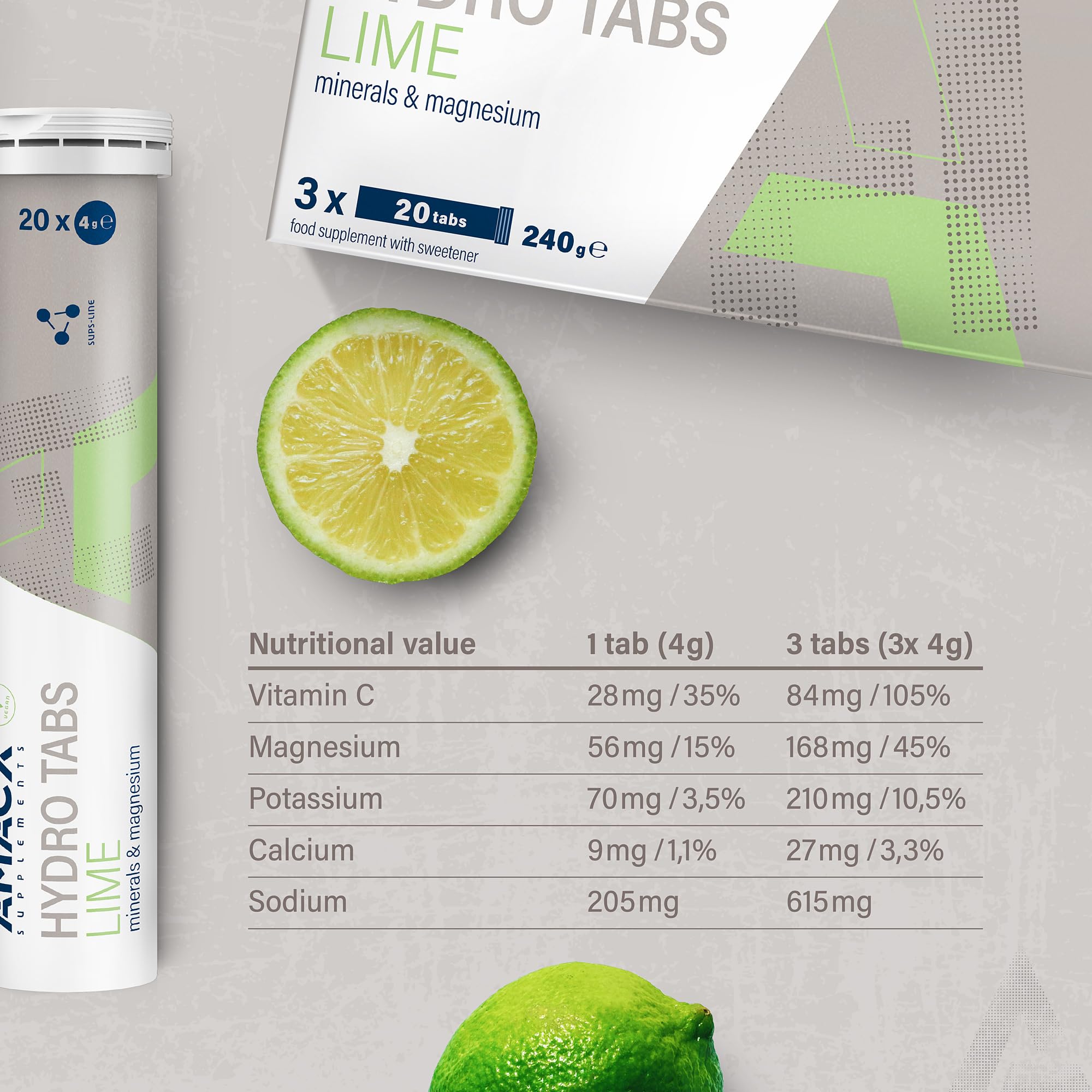 AMACX Hydro Tabs – Tabletas de Electrolitos sin Azucar con Vitamina C – 3 x 20 Tabletas Efervescentes de Magnesio – Electrolitos Hidratacion – Sales Minerales para Deporte – Lima