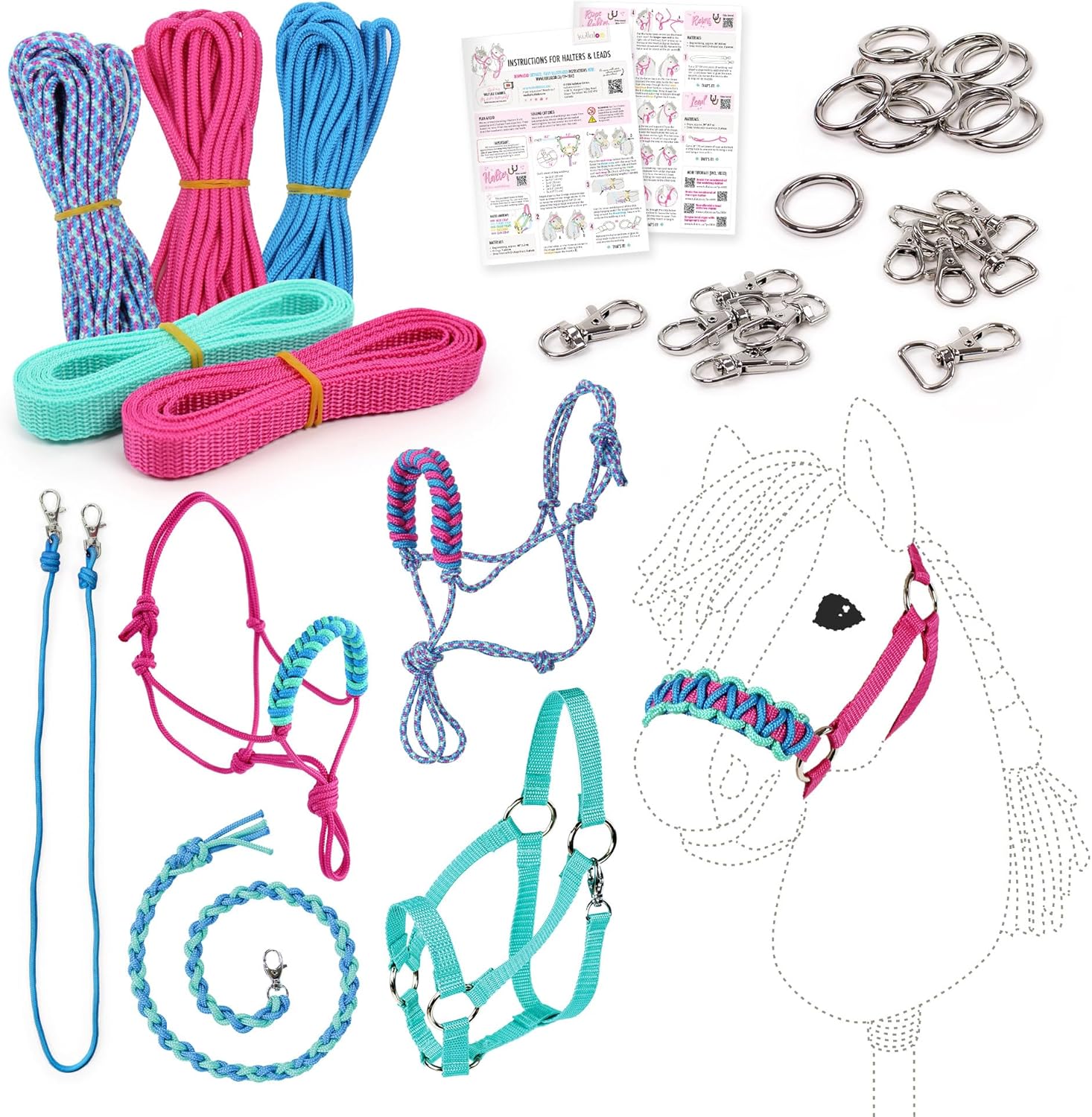 kullaloo DIY Hobby Horse Halter Kit ✦ Make Stick Horse Head Collars, Rope Halters & Reins ✦ Includes Digital Instructions (PDF) ✦ Aqua/Pink