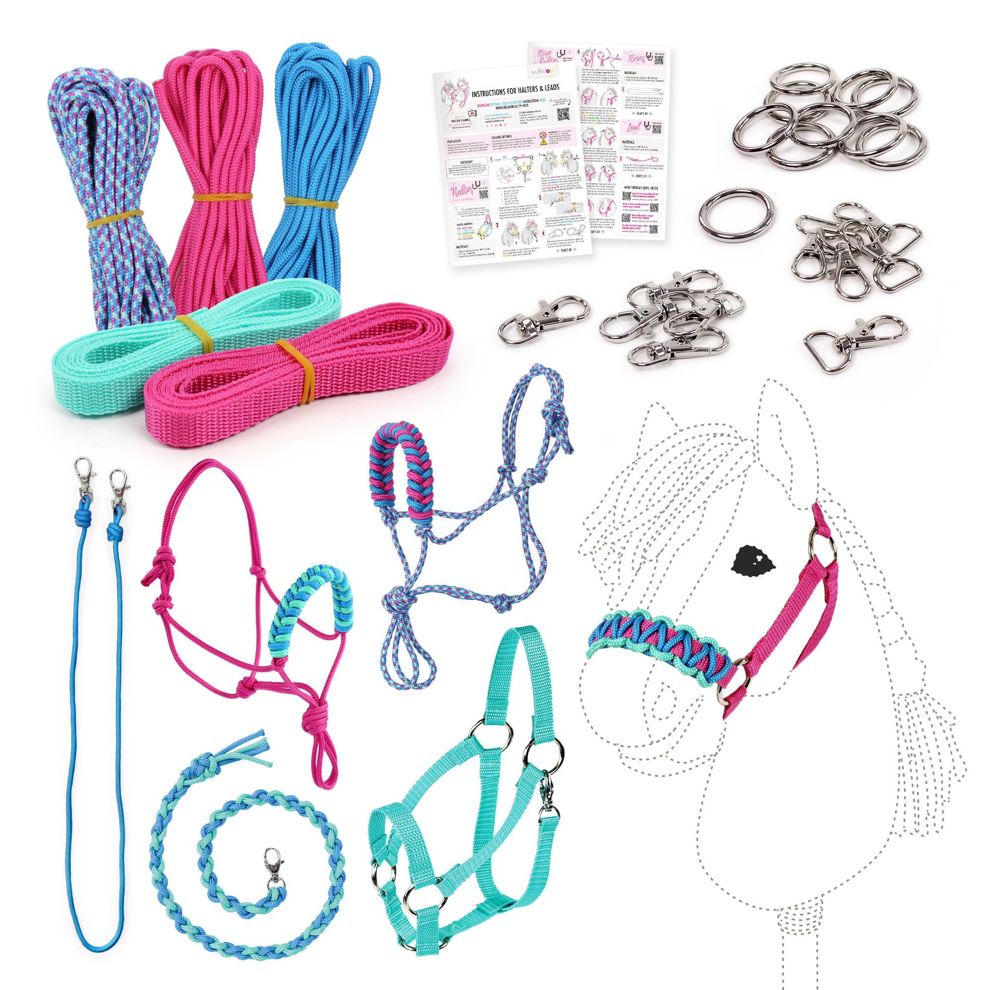 kullaloo DIY Hobby Horse Halter Kit ✦ Make Stick Horse Head Collars, Rope Halters & Reins ✦ Includes Instructions ✦ Aqua/Pink