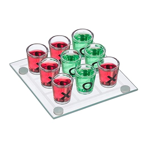Relaxdays 10022787 Transparent Tic Tac Toe Drinking Game for Adults, 2 People, 9 Shot Glasses, JGA, Funny Party Game, Pack of 1
