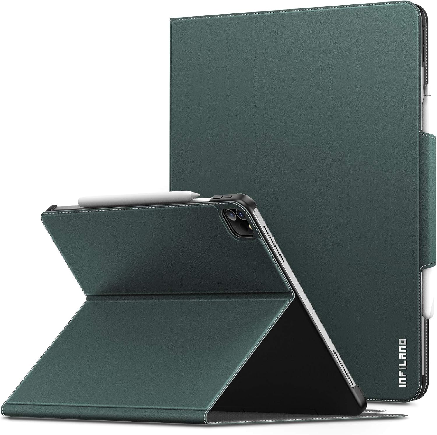 INFILAND iPad Pro 12.9 4th Generation 2020 Case, Multiple Angle Stand Cover Compatible with iPad Pro 12.9 2020/ iPad Pro 12.9 2018 [Support 2nd Gen Apple Pencil Wireless Charging] (Dark Green)