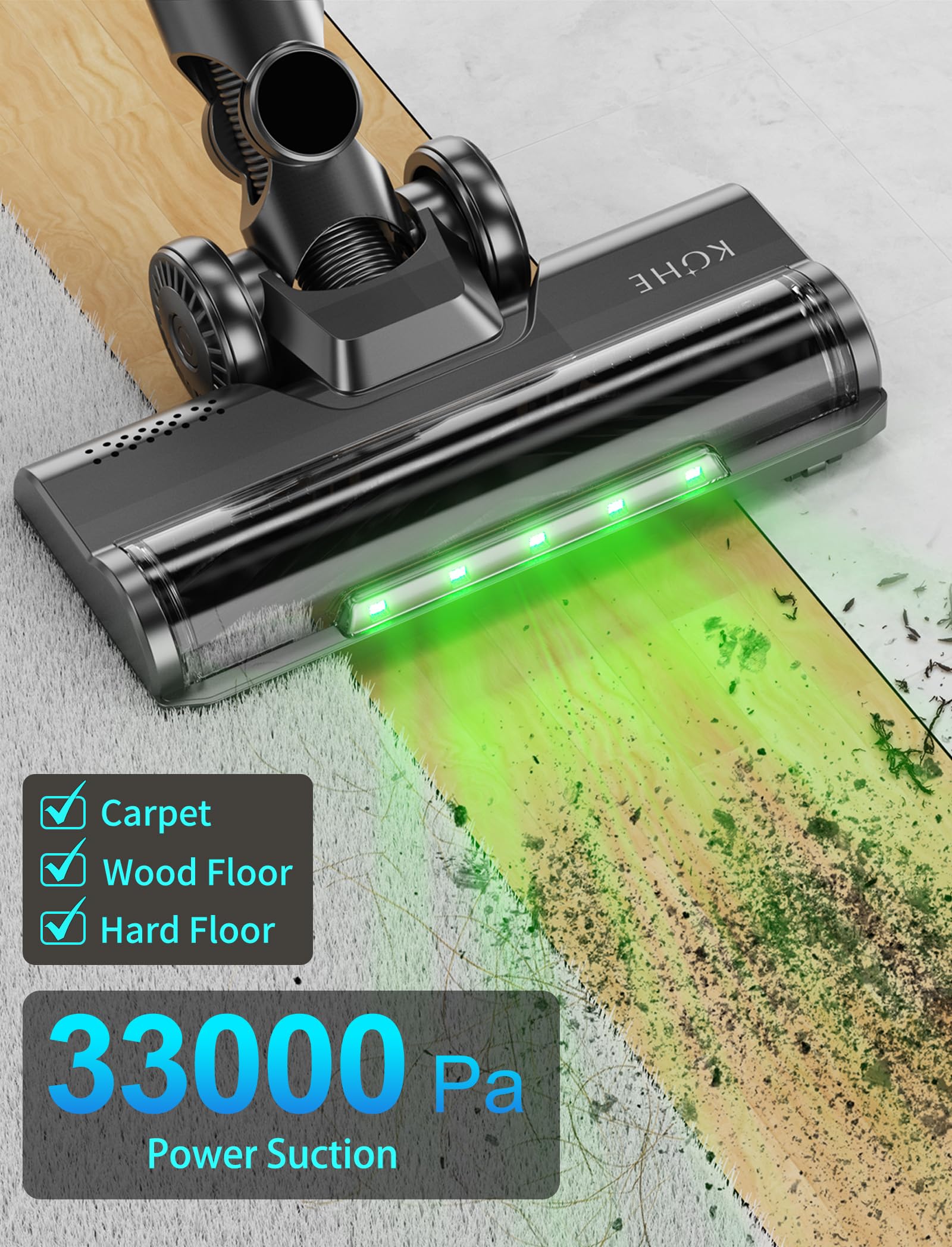 KOHE K10 Aspirapolvere Senza Fili Potente, Scopa Elettrica Pieghevole 500 Watt 33Kpa, 3 Modalità di Potenza di Aspirazione Autonomia, Tubo Pieghevole, Blu